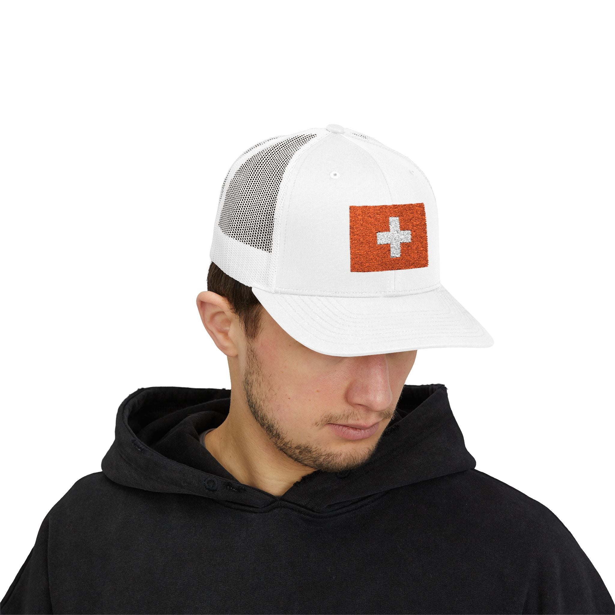 Switzerland Flag Trucker Cap — Embroidered Cross Snapback Hat