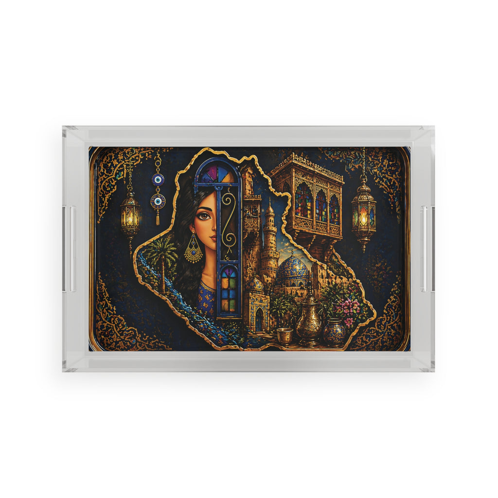 Acrylic Tray — Middle Eastern Nightscape Serving Tray with Lanterns & Woman Illustration