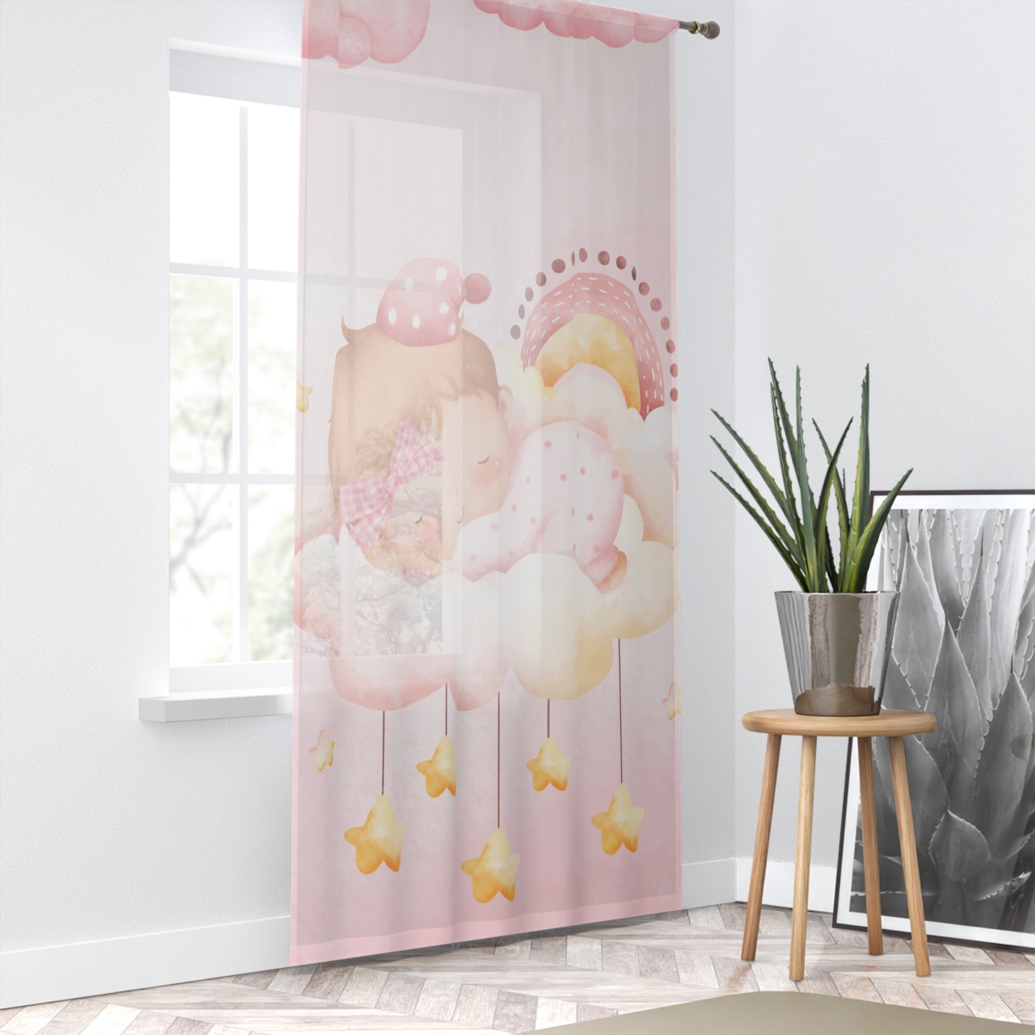Baby Girl Window Curtain - Pink Sleeping Infant Cloud & Stars Nursery Curtain