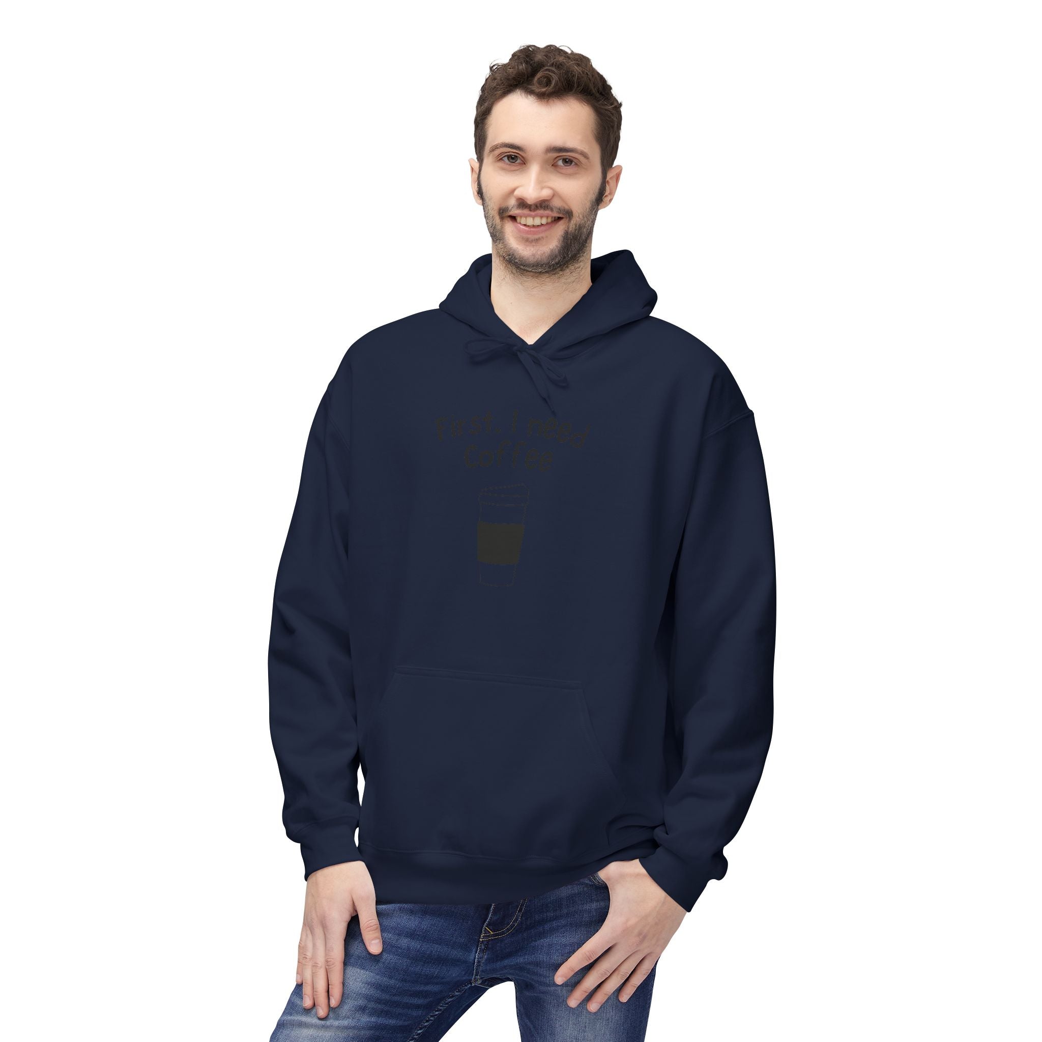 Coffee Hoodie – “First, I Need Coffee” Minimalist Pullover