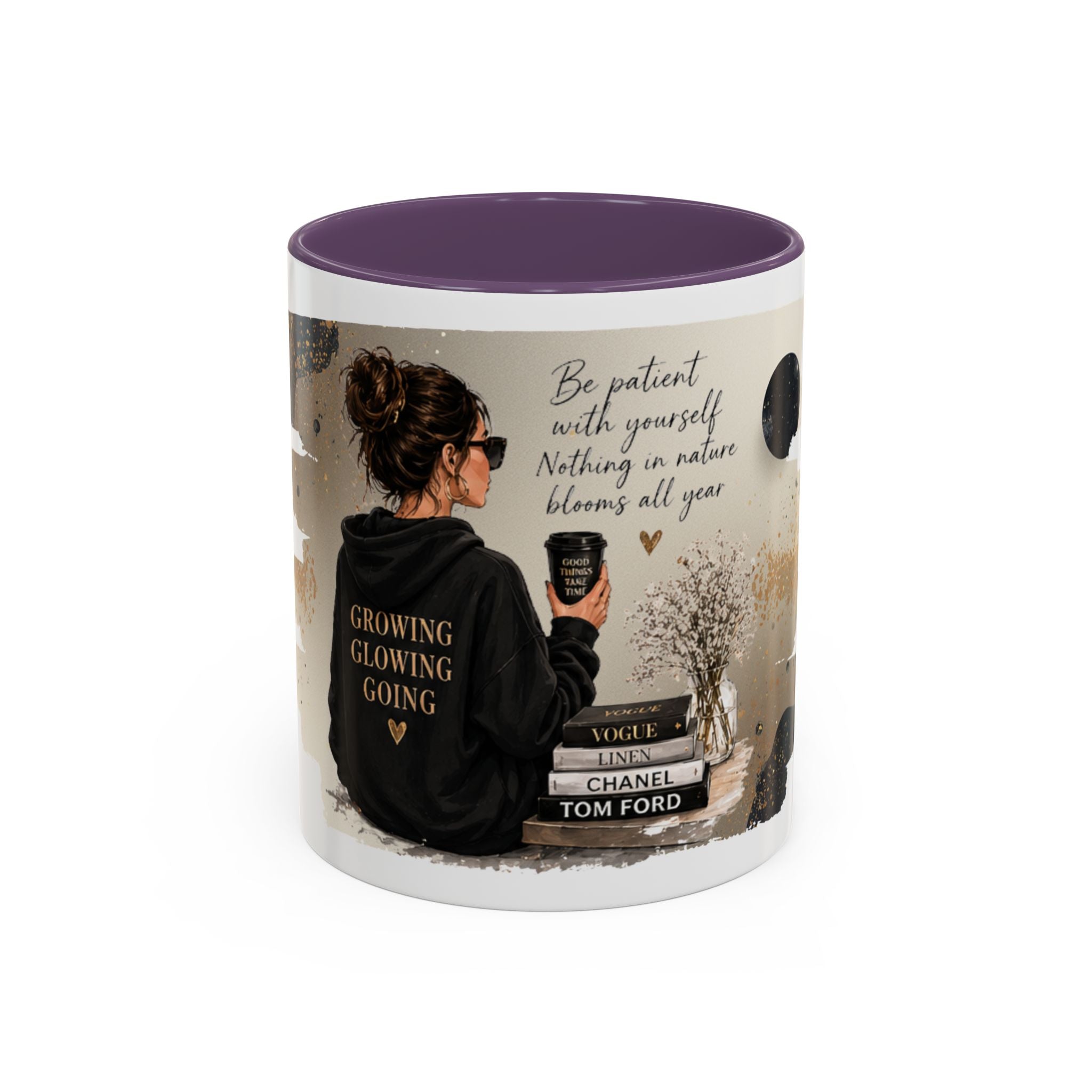 Inspirational Coffee Mug — "Be patient with yourself" Cozy Woman Design (11oz)