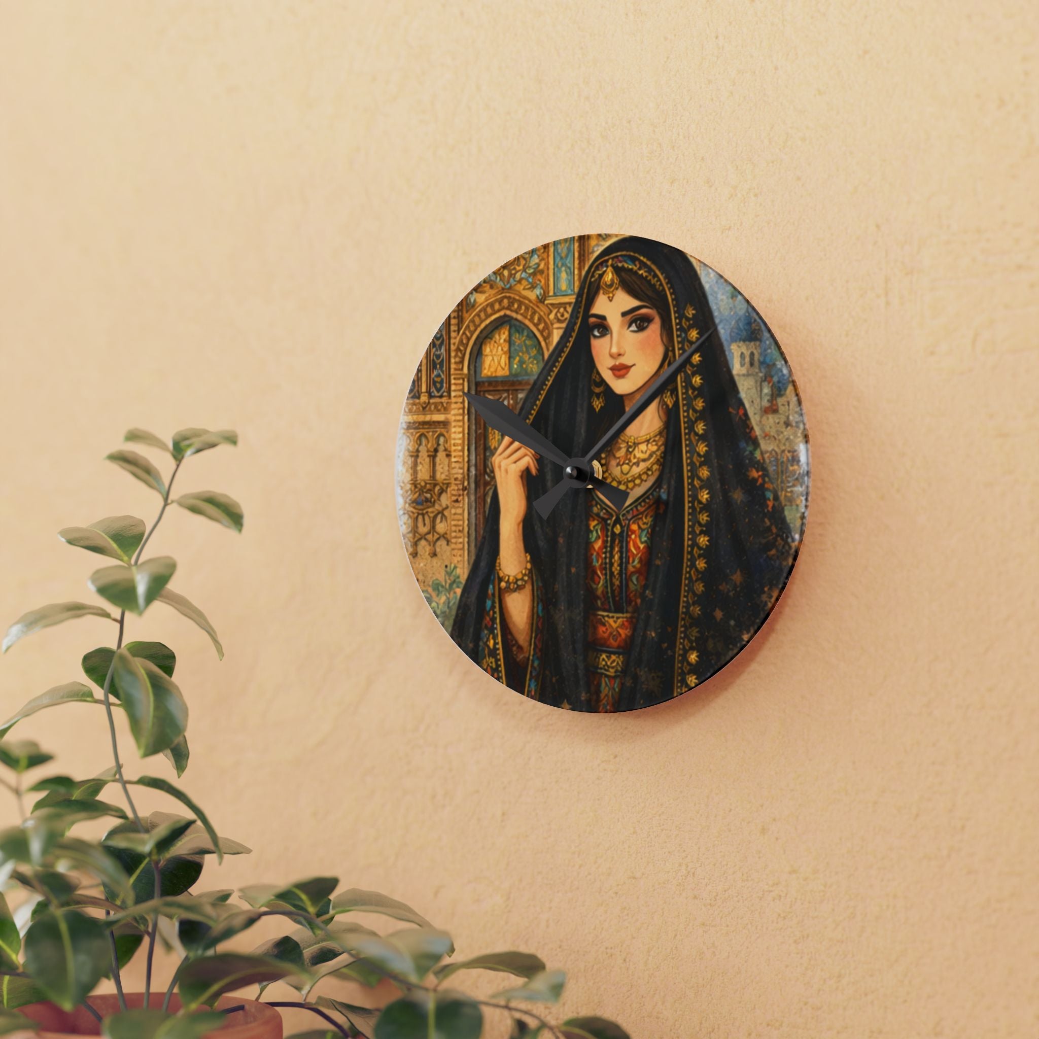 Acrylic Wall Clock - Persian Princess Illustrated Wall Clock, Vintage Middle Eastern Art Timepiece