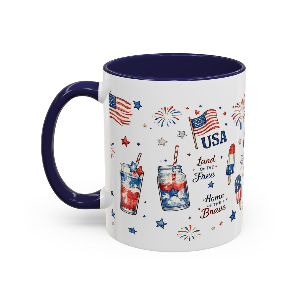 4th of July Accent Coffee Mug — Patriotic Fireworks & God Bless America Design (11oz)