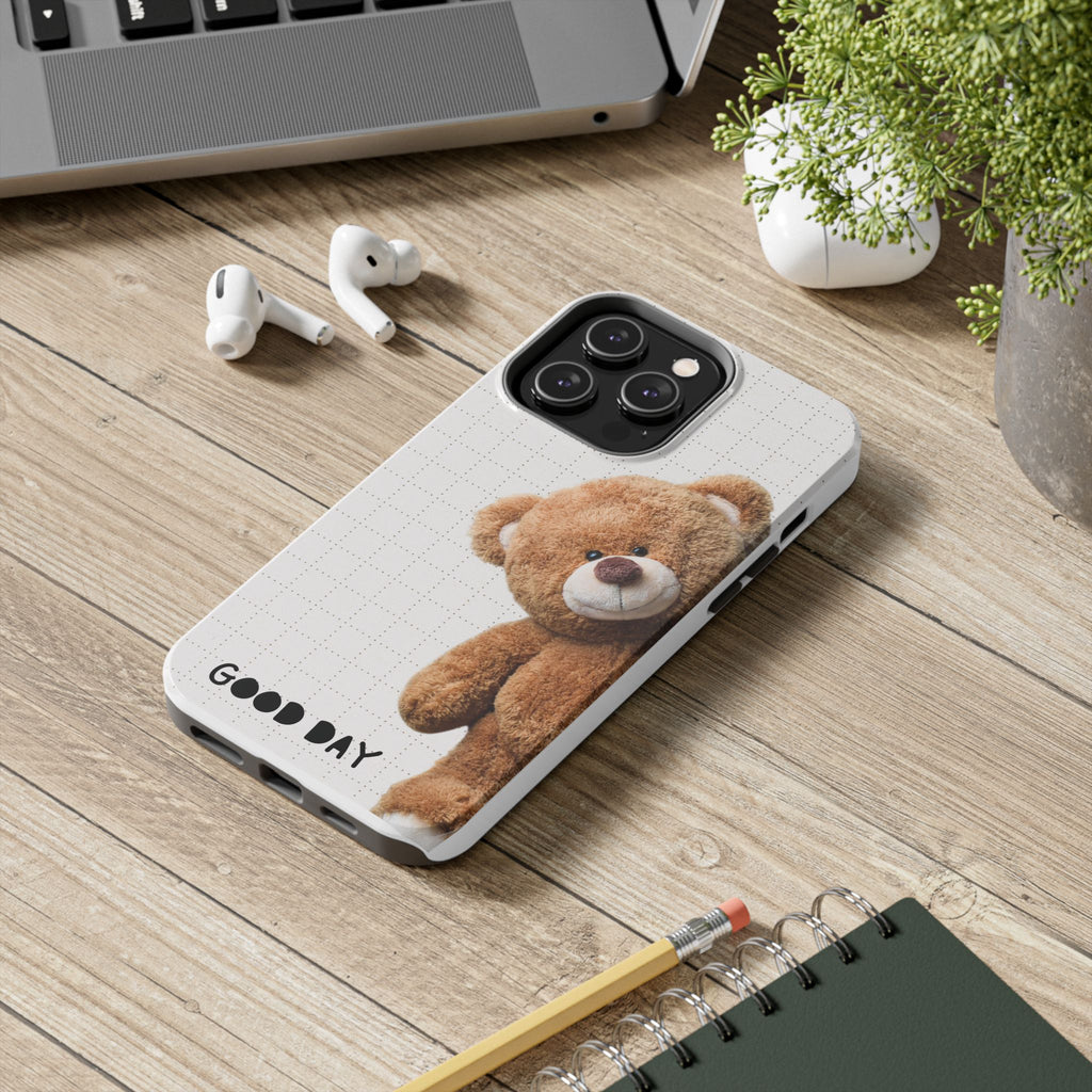 Teddy Bear Tough Phone Case — Cute Plush Peeking Design, Protective Shockproof Cover