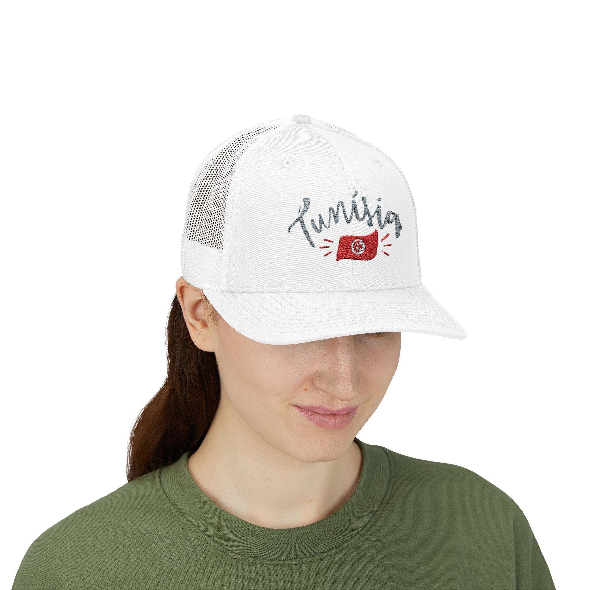 Tunisia Flag Trucker Cap — Embroidered 'Tunisia' Script Snapback