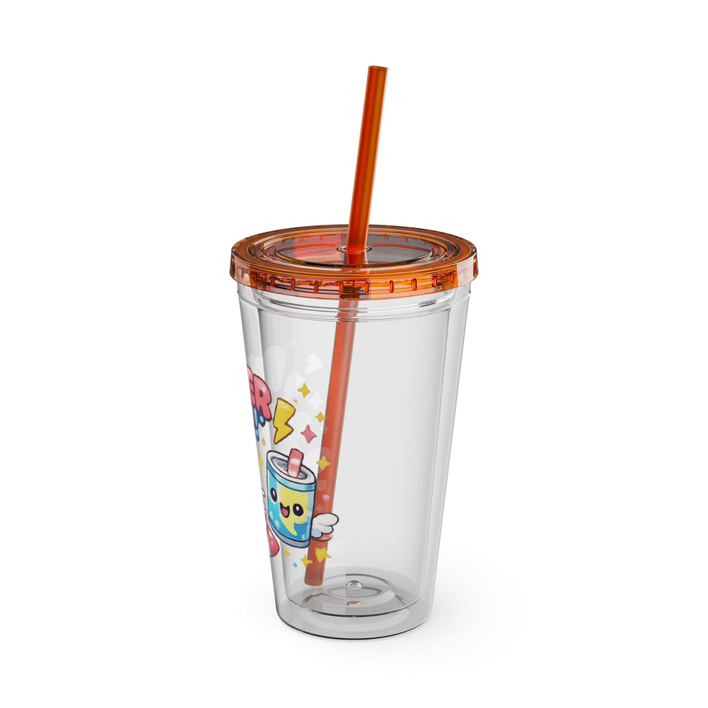 Sunsplash 16oz Tumbler with Straw — Cute "Power Up!" Gamer Character Design