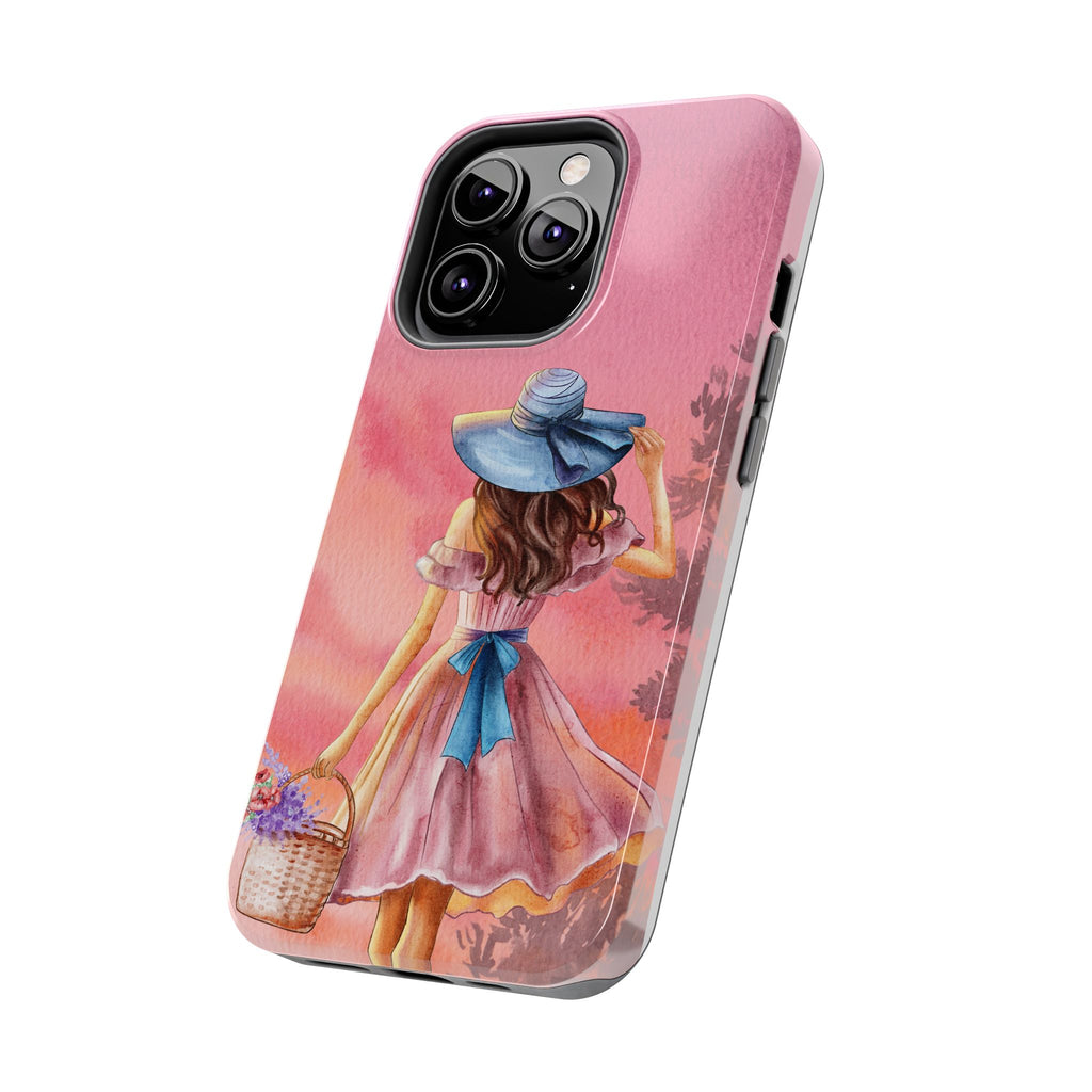 Pastel Picnic Girl Phone Case — Protective Tough Phone Case with Watercolor Sunset Design