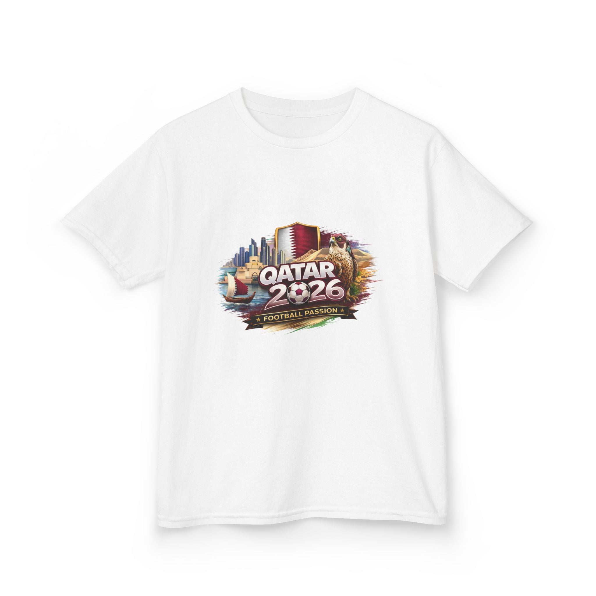Qatar 2026 Kids T-Shirt — Cup Style Football Tee with Qatar Flags