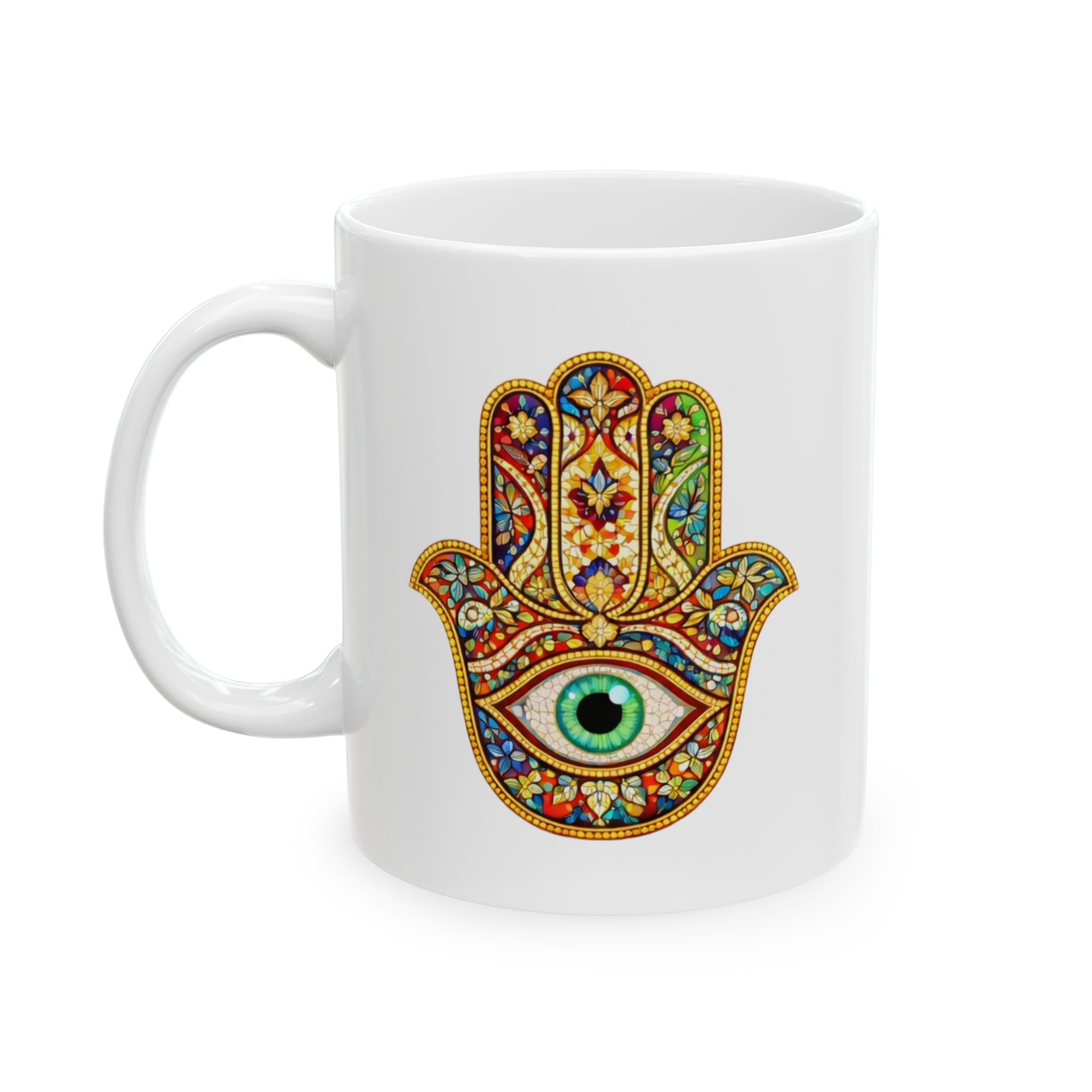 Hamsa Ceramic Mug – Colorful Boho Protection Coffee Cup (11oz, 15oz)