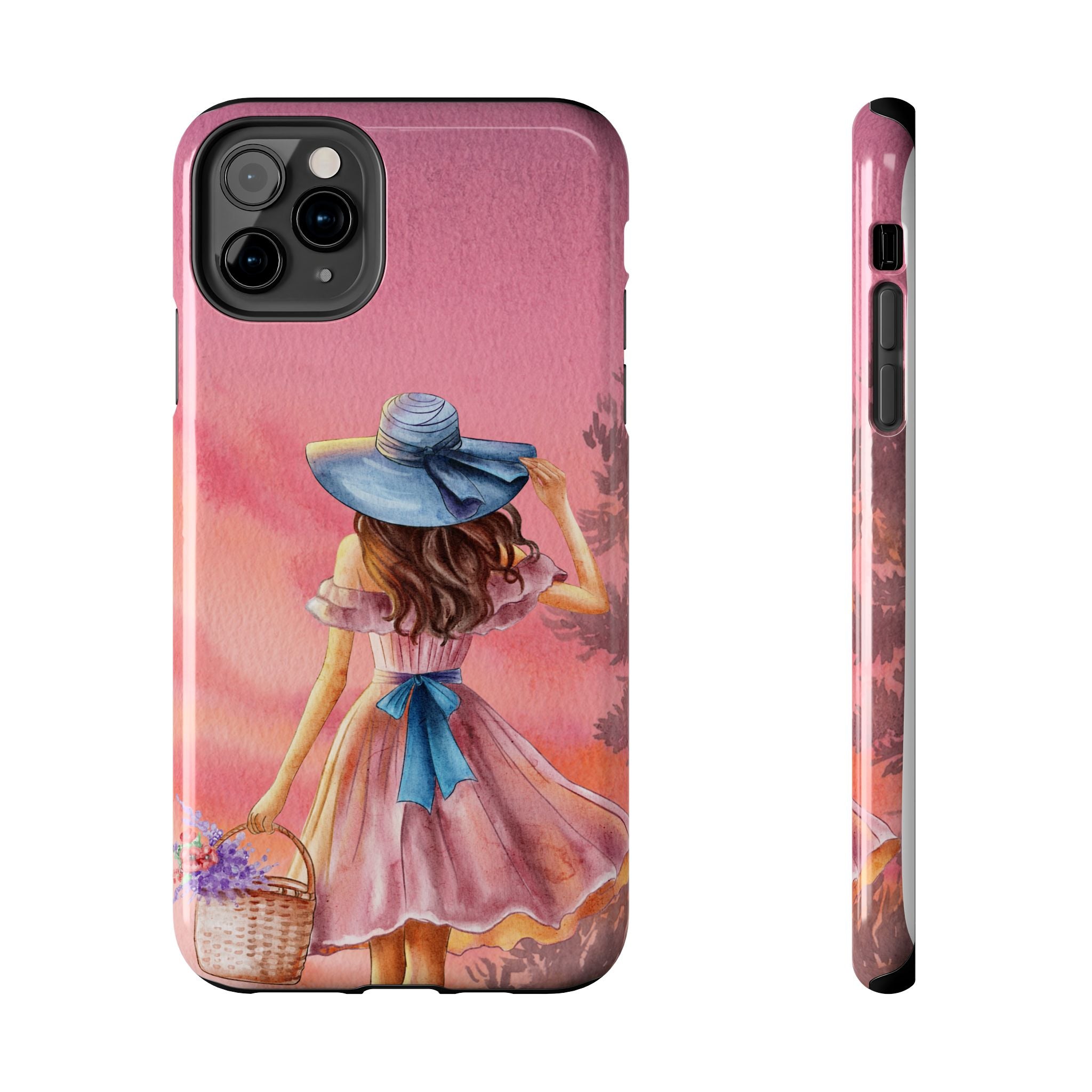 Pastel Picnic Girl Phone Case — Protective Tough Phone Case with Watercolor Sunset Design