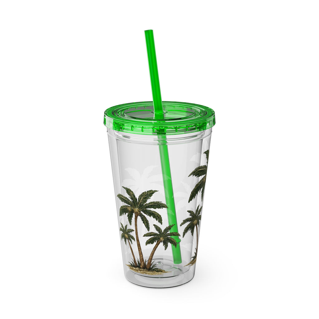 Palm Tree Tumbler — 16oz Clear Travel Cup with Straw, Tropical Sunsplash Design