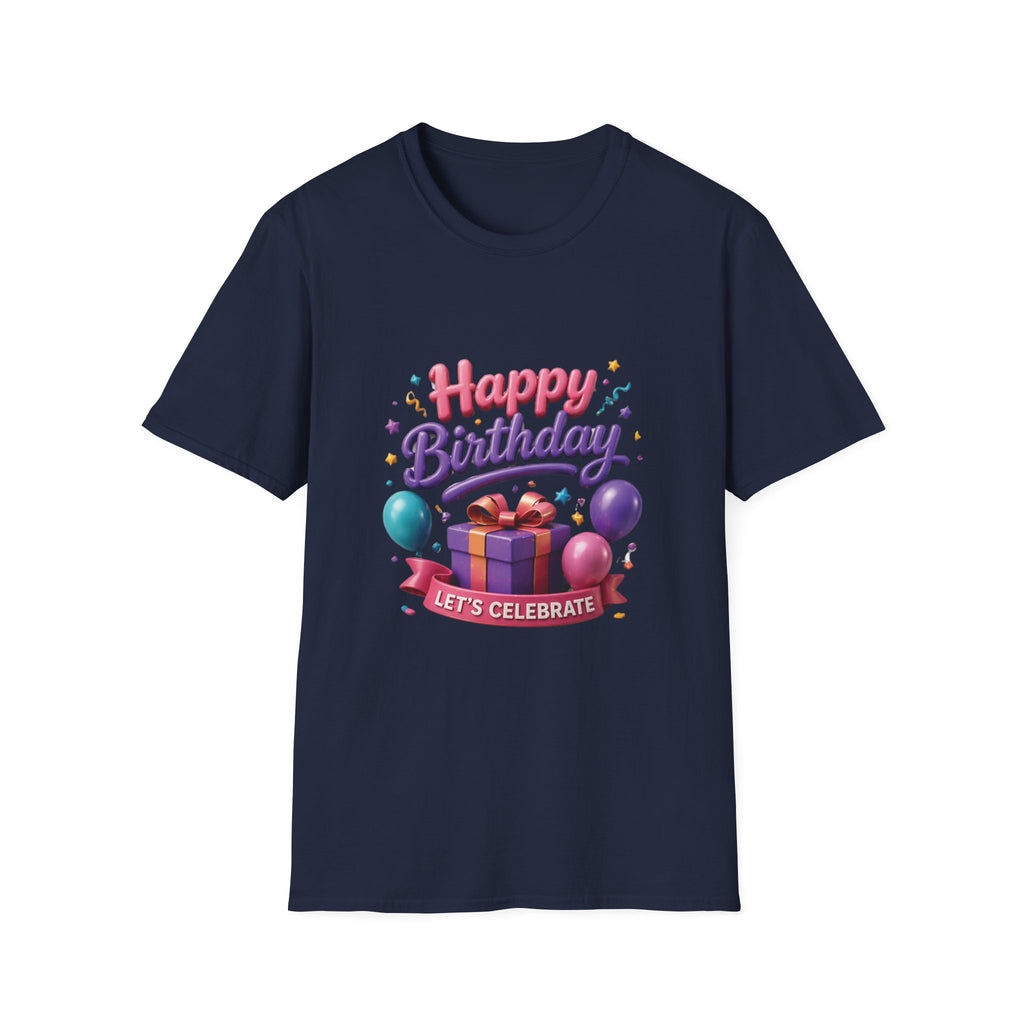Birthday T-Shirt — "Happy Birthday" Gift Tee with Balloons & Present
