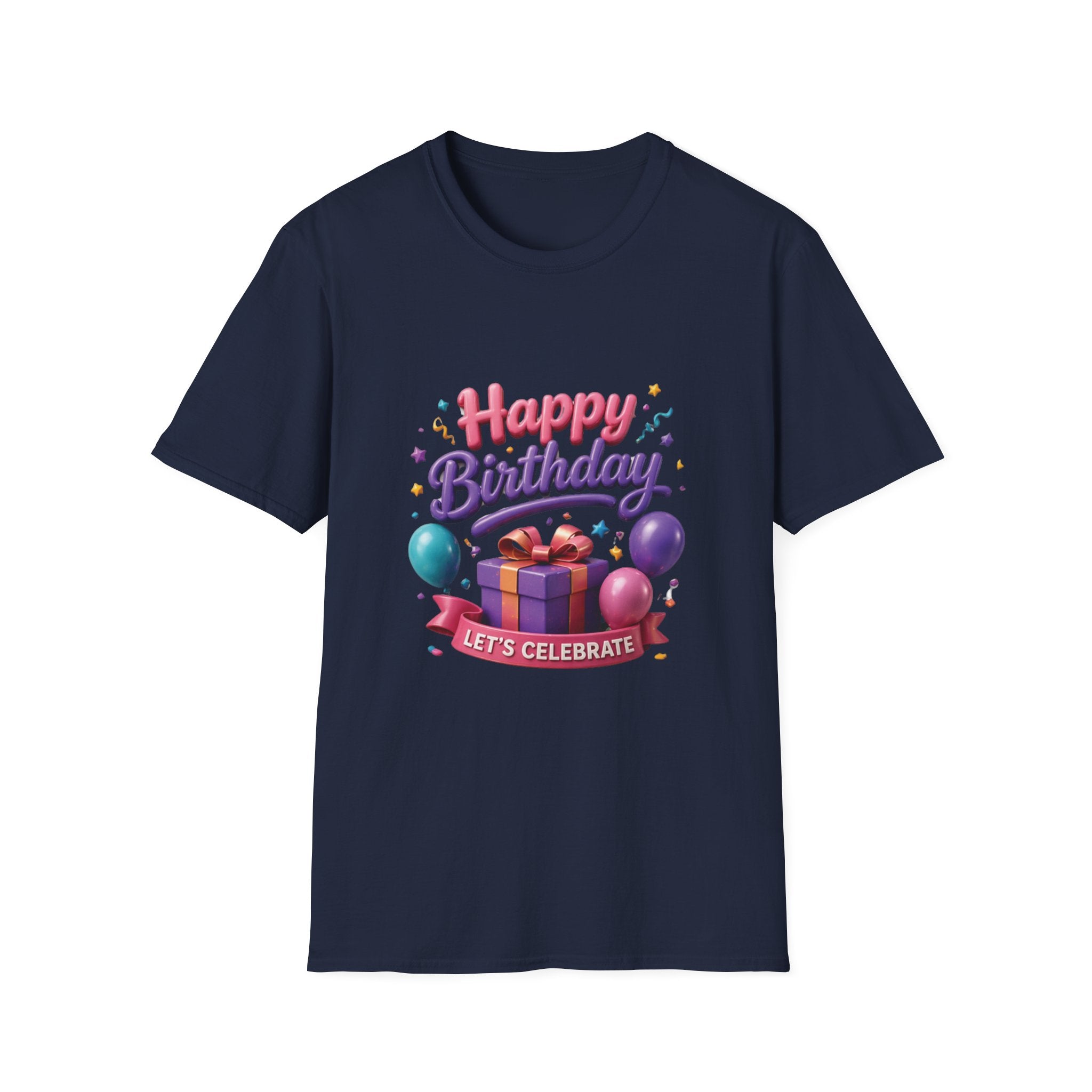 Birthday T-Shirt — "Happy Birthday" Gift Tee with Balloons & Present