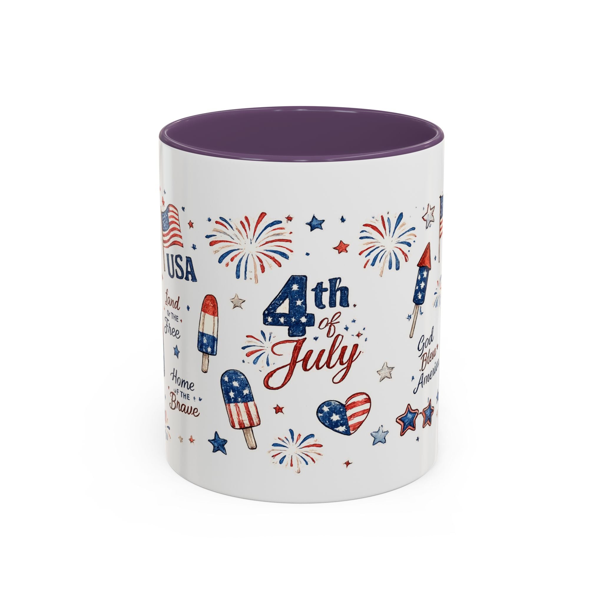 4th of July Accent Coffee Mug — Patriotic Fireworks & God Bless America Design (11oz)