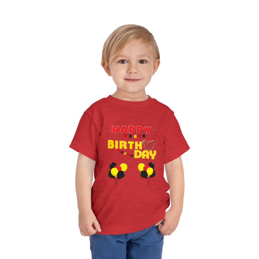 Toddler Tee — 'Happy Birthday' Balloon Party Shirt (Mickey-Style Colors)