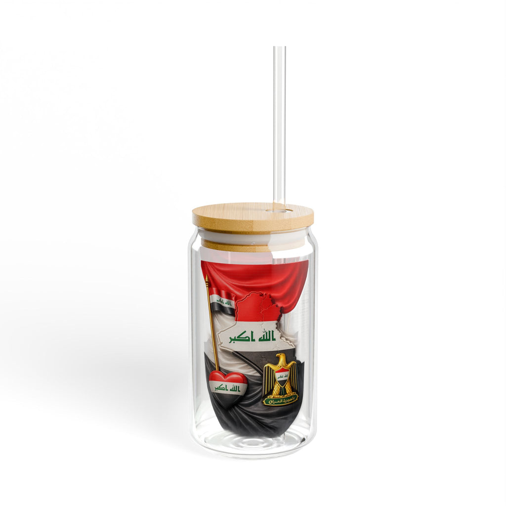 Iraq Flag Sipper Glass 16oz - Patriotic Bamboo Lid Tumbler