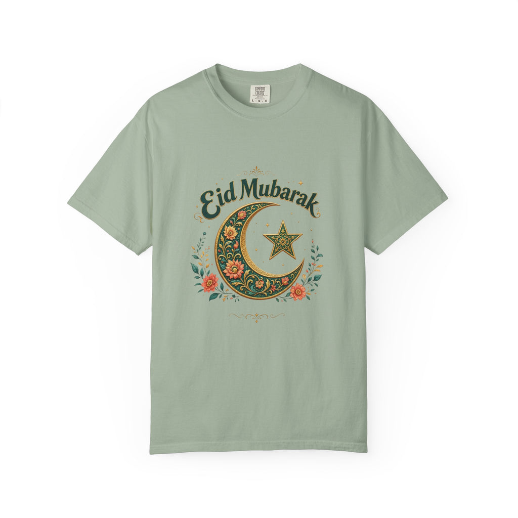 Eid Mubarak Crescent T-Shirt — Floral Moon & Star Ramadan Holiday Tee