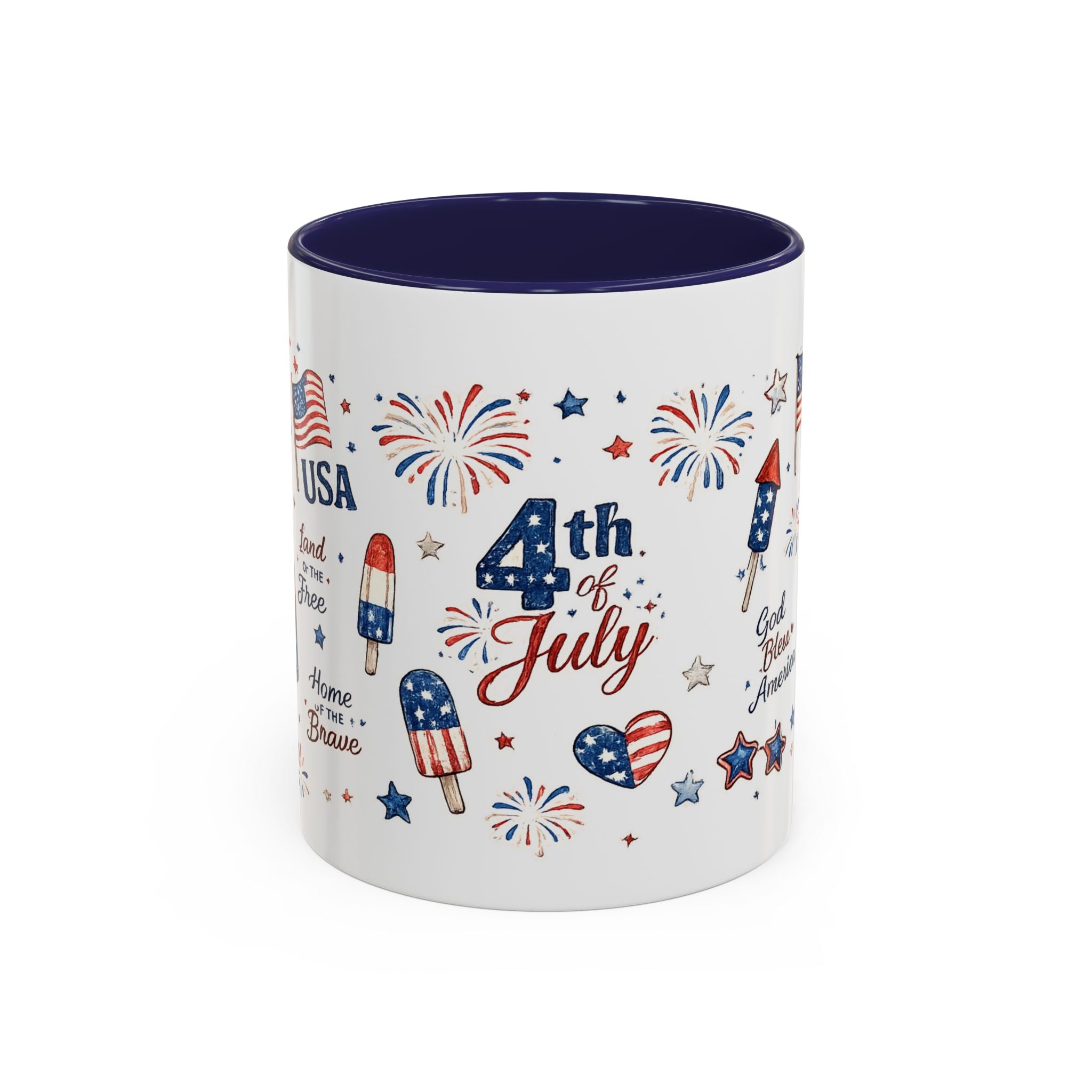 4th of July Accent Coffee Mug — Patriotic Fireworks & God Bless America Design (11oz)