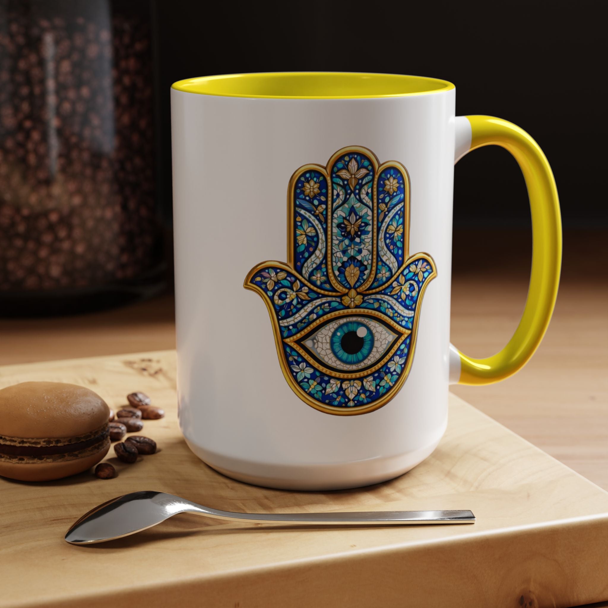 Hamsa Hand Accent Coffee Mug – Blue Protective Evil Eye Ceramic Mug (11/15oz)