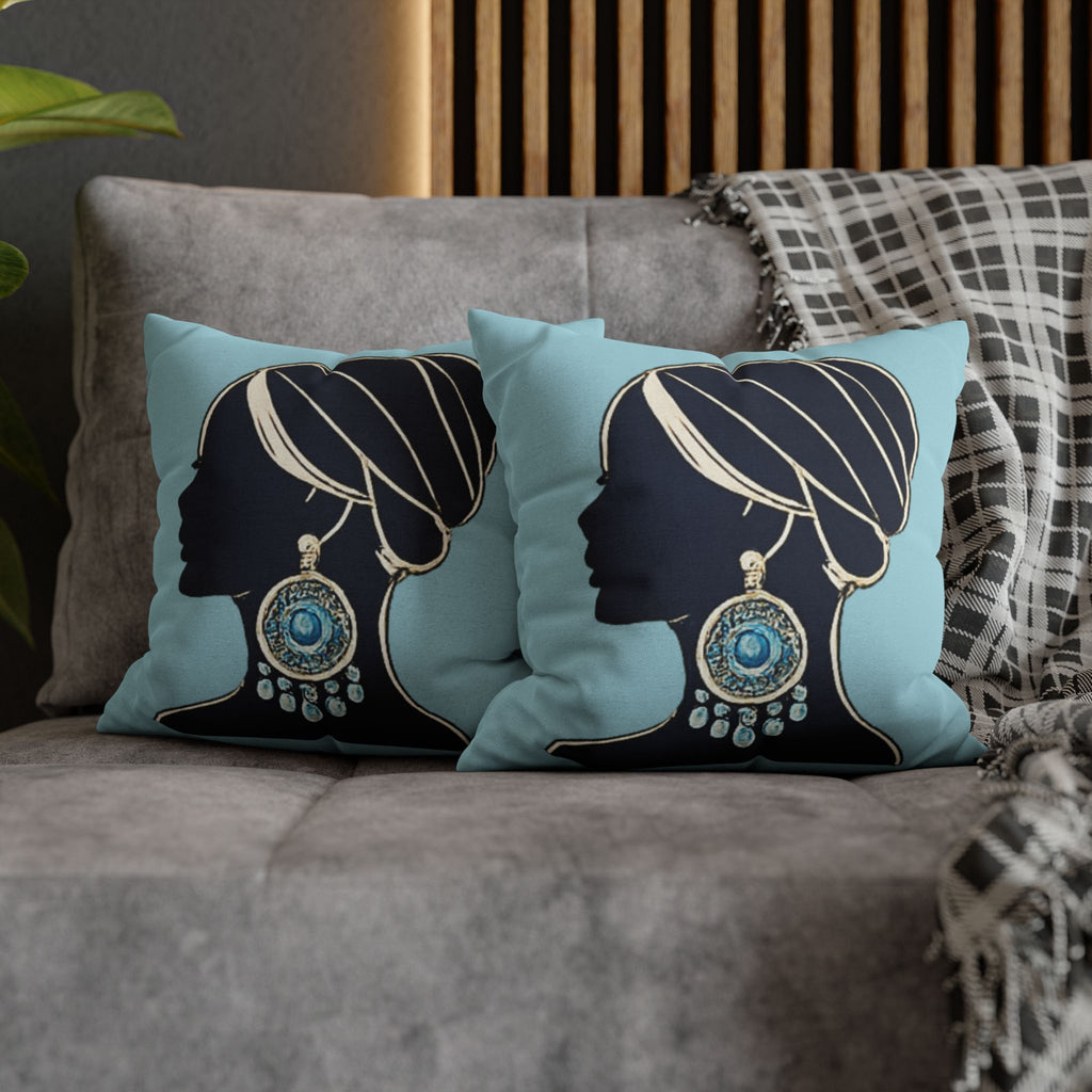 Silhouette Goddess Decorative Pillowcase — Turquoise Profile with Statement Earring