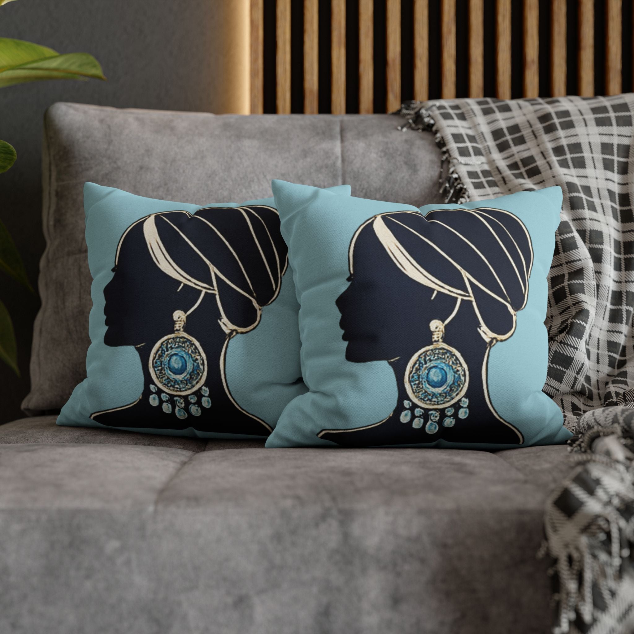 Silhouette Goddess Decorative Pillowcase — Turquoise Profile with Statement Earring