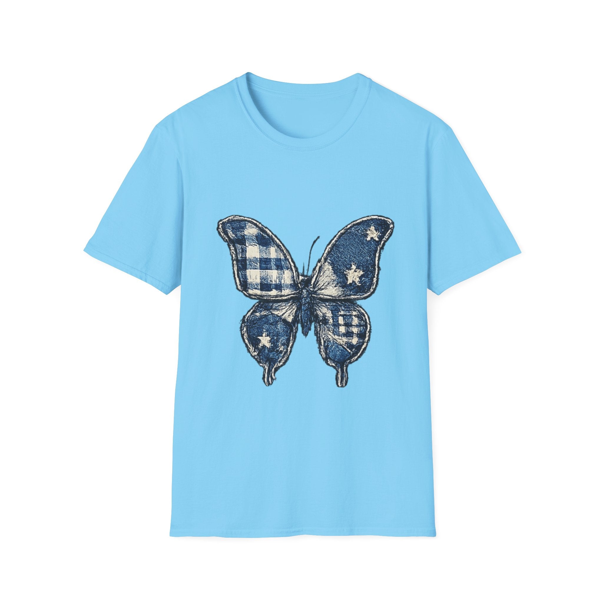 Butterfly Tee — Blue Plaid & Stars Graphic T-Shirt