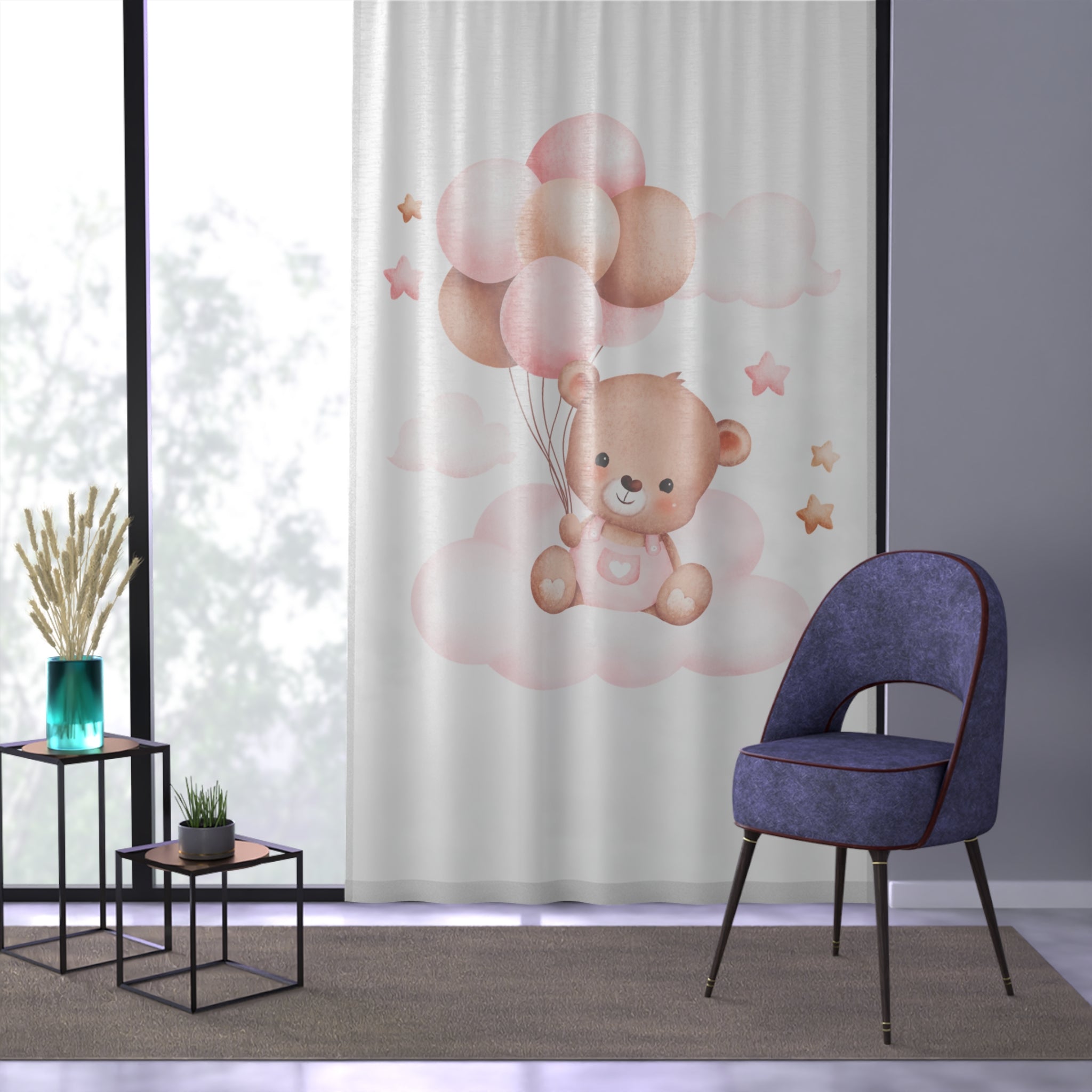 Nursery Curtain — Soft Pink Teddy Bear with Balloons Window Curtain