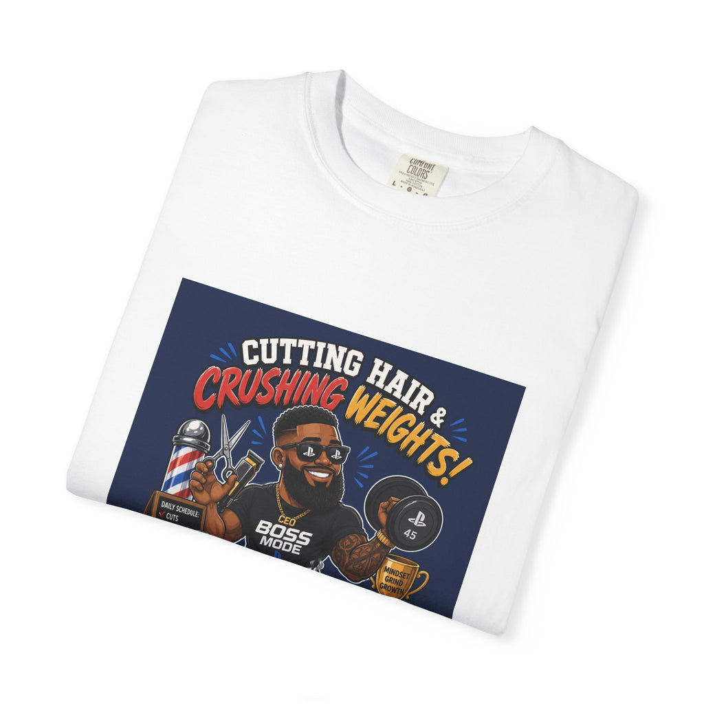 Barber & Gym Retro Graphic T-Shirt — "Cutting Hair & Crushing Weights"