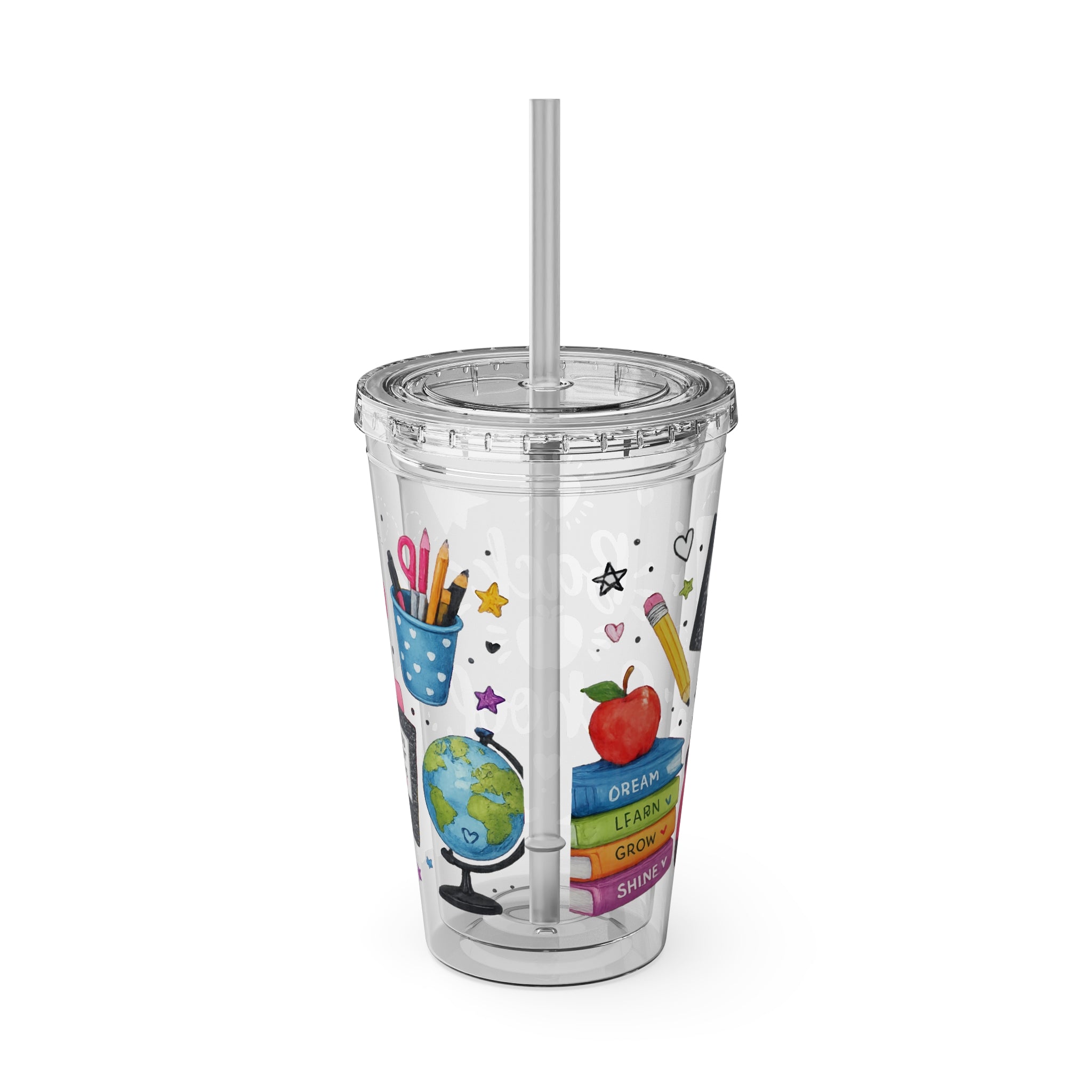 Back to School 16oz Tumbler with Straw – Cute School Supplies Design