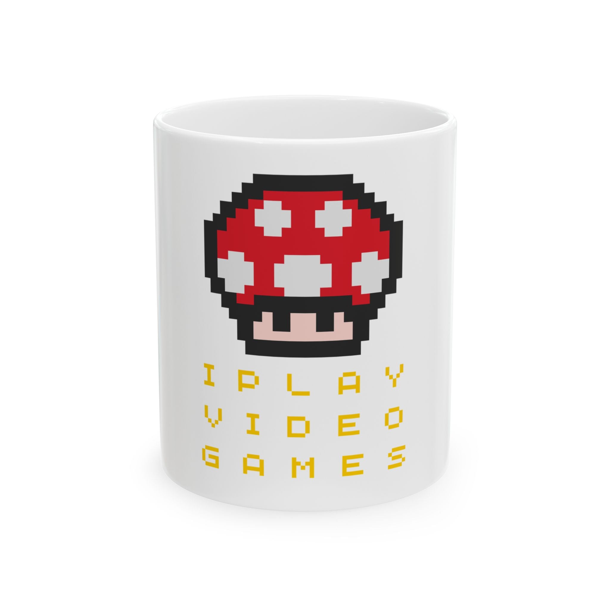 Gamer Pixel Mushroom Mug — "I Play Video Games" Ceramic Coffee Cup (11oz/15oz)