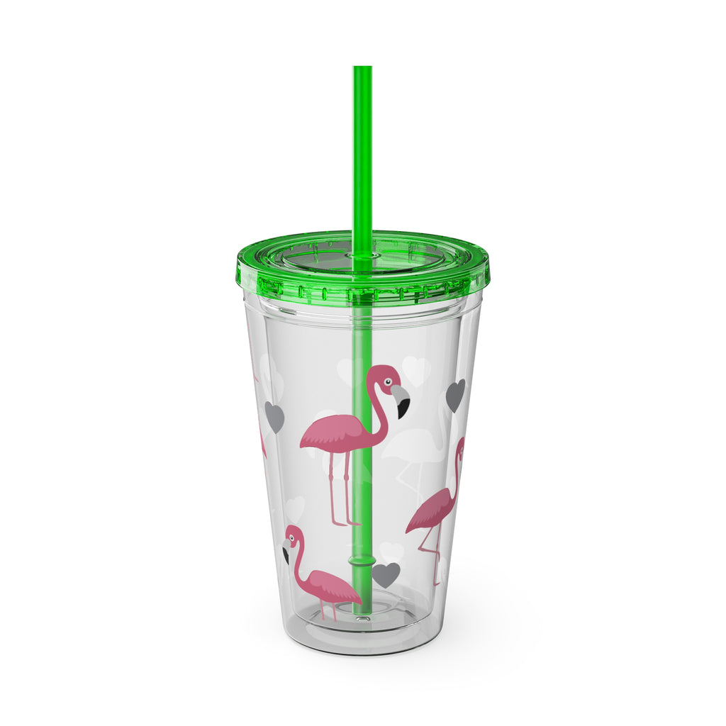 Flamingo Heart 16oz Tumbler with Straw — Cute Pink Flamingo Drink Cup