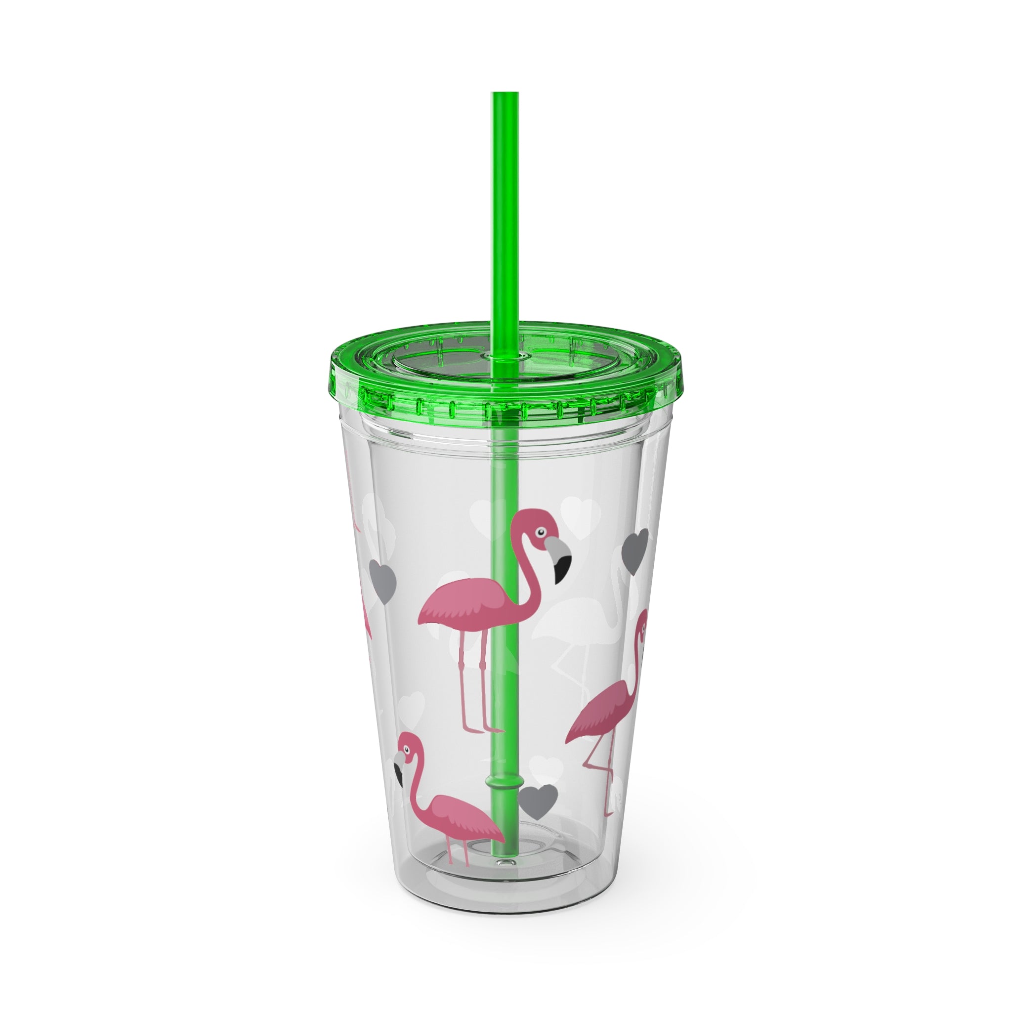 Flamingo Heart 16oz Tumbler with Straw — Cute Pink Flamingo Drink Cup