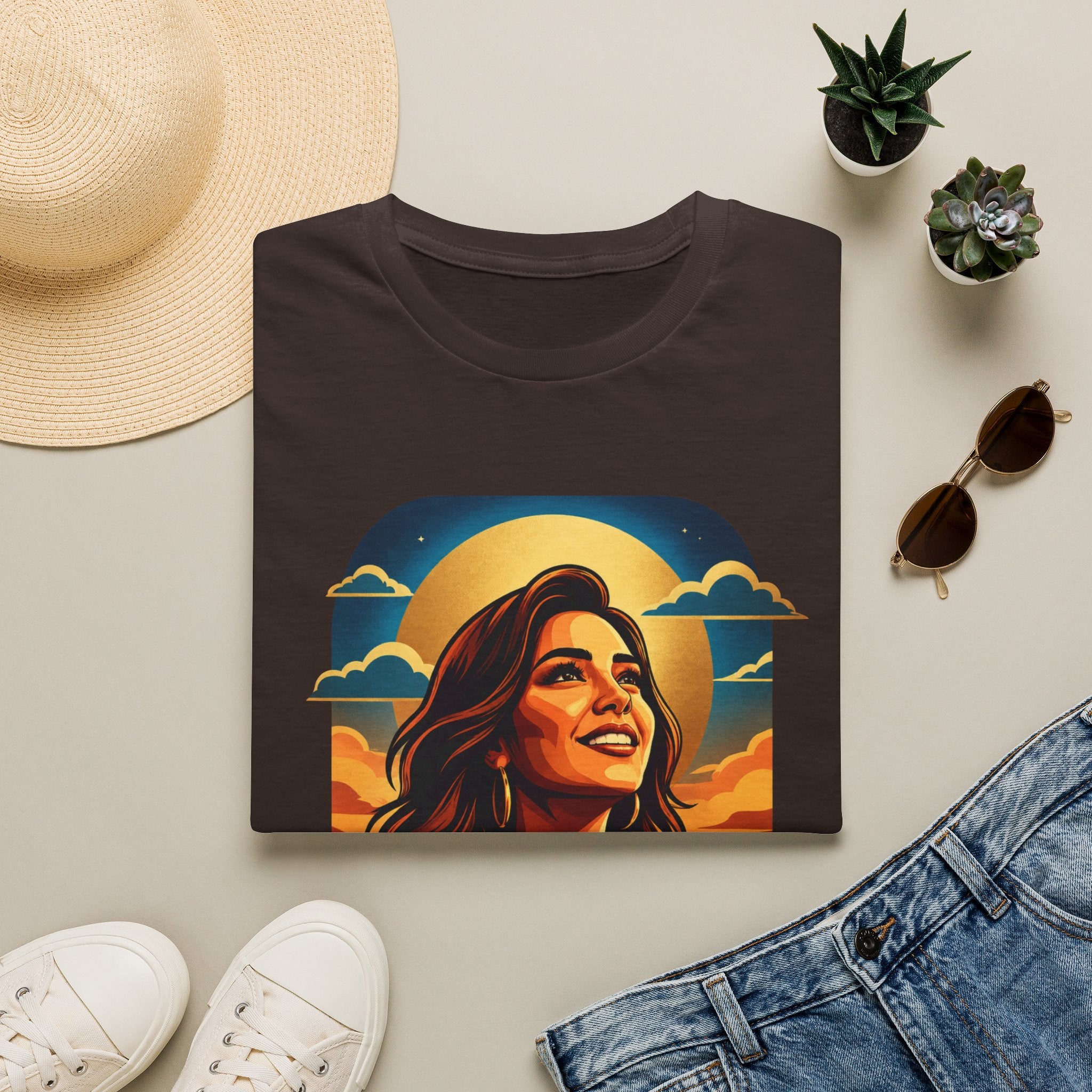 T-Shirt — Radiant Sunset Portrait with Arabic Script (على القمة صعدنا)