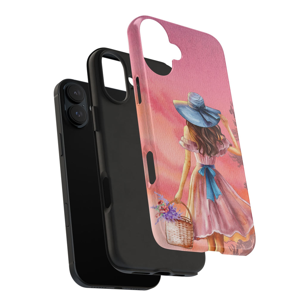 Pastel Picnic Girl Phone Case — Protective Tough Phone Case with Watercolor Sunset Design