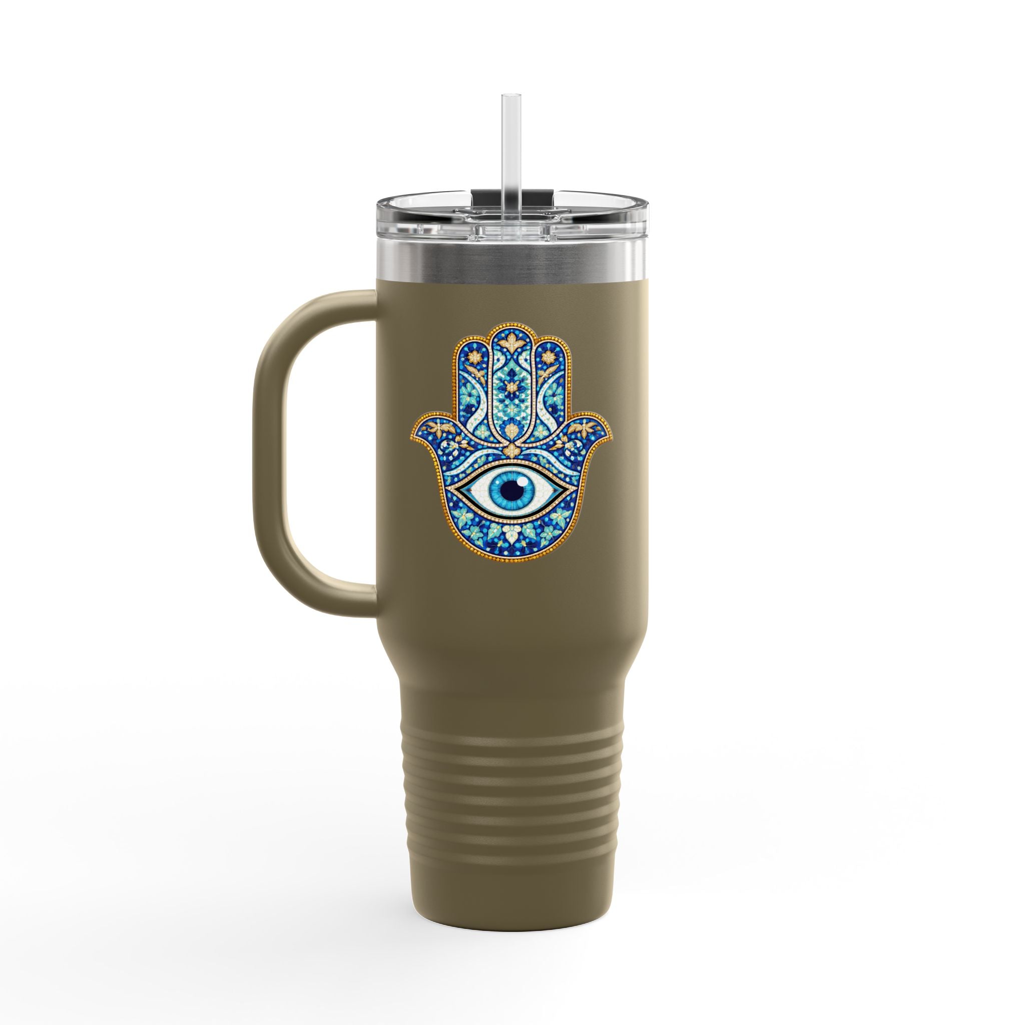 Hamsa Hand 40oz Insulated Travel Mug — Blue Evil Eye Tumbler
