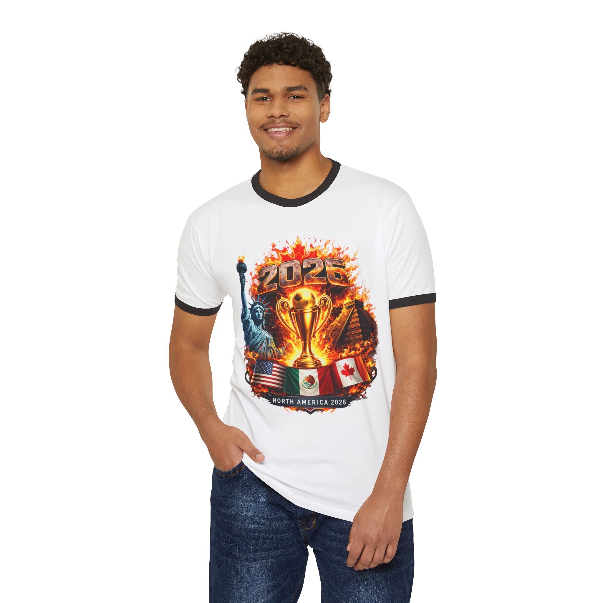2026 North America Cup Ringer T-Shirt — USA Canada Mexico Trophy Design