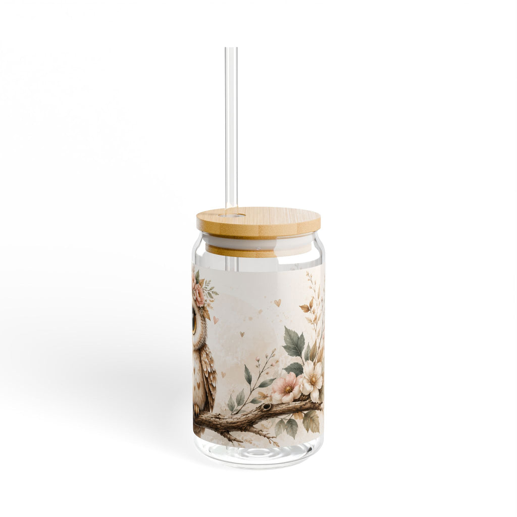Cute Floral Owl Sipper Glass - 16oz Cute Baby Owl Drinking Jar with Straw