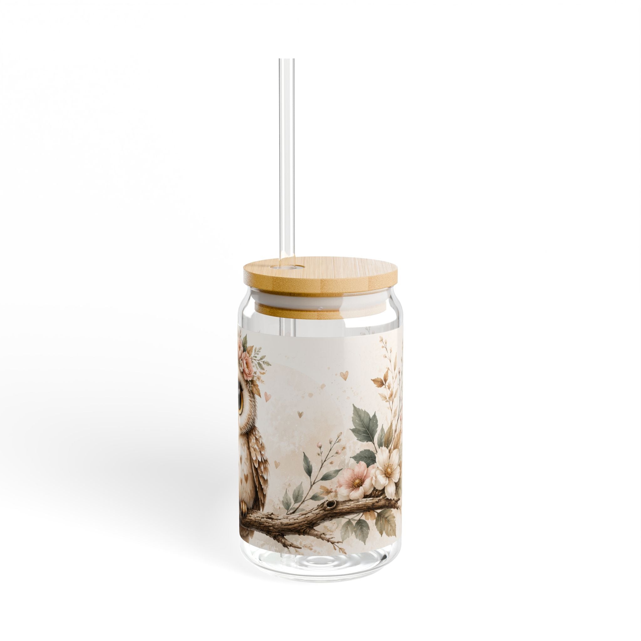 Cute Floral Owl Sipper Glass - 16oz Cute Baby Owl Drinking Jar with Straw