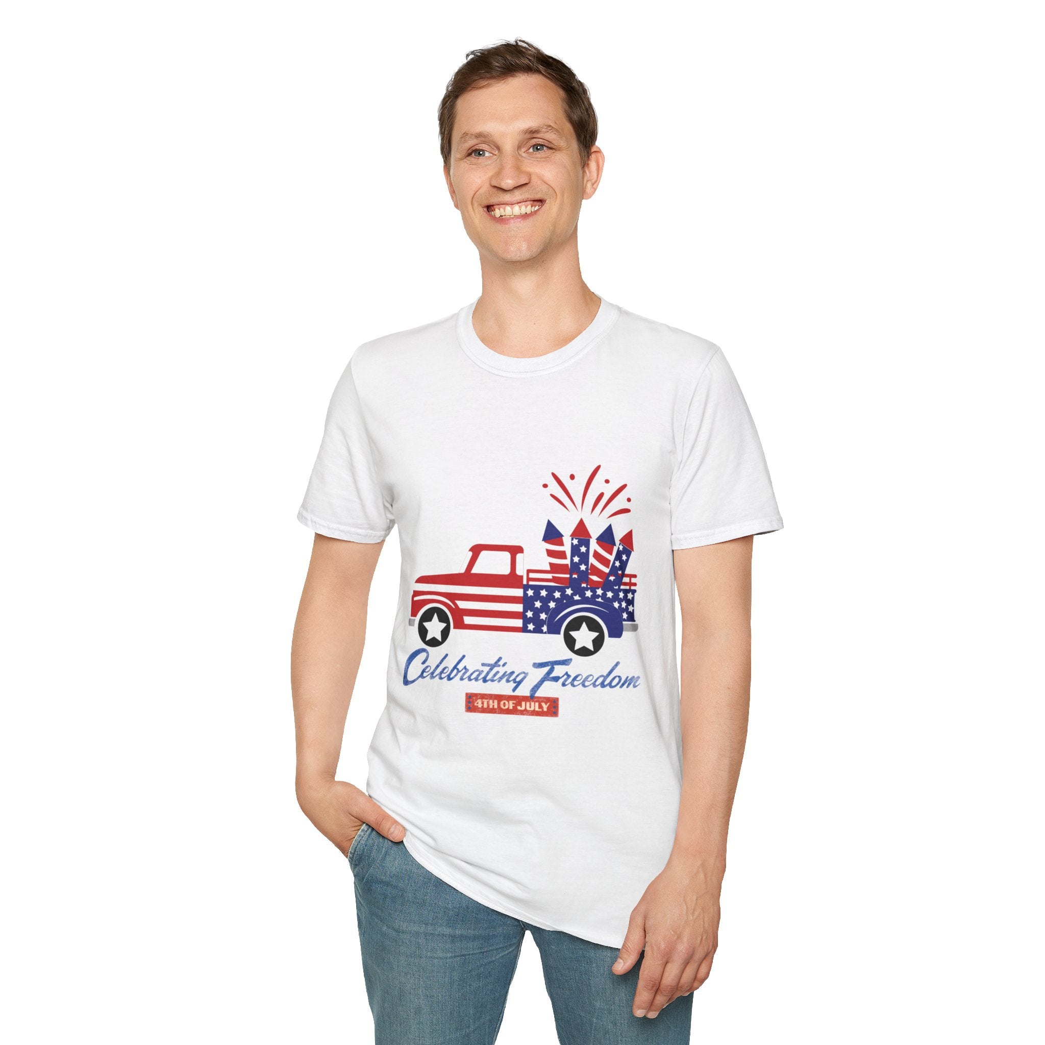 4th of July Truck T-Shirt – "Celebrating Freedom" Patriotic Fireworks Tee