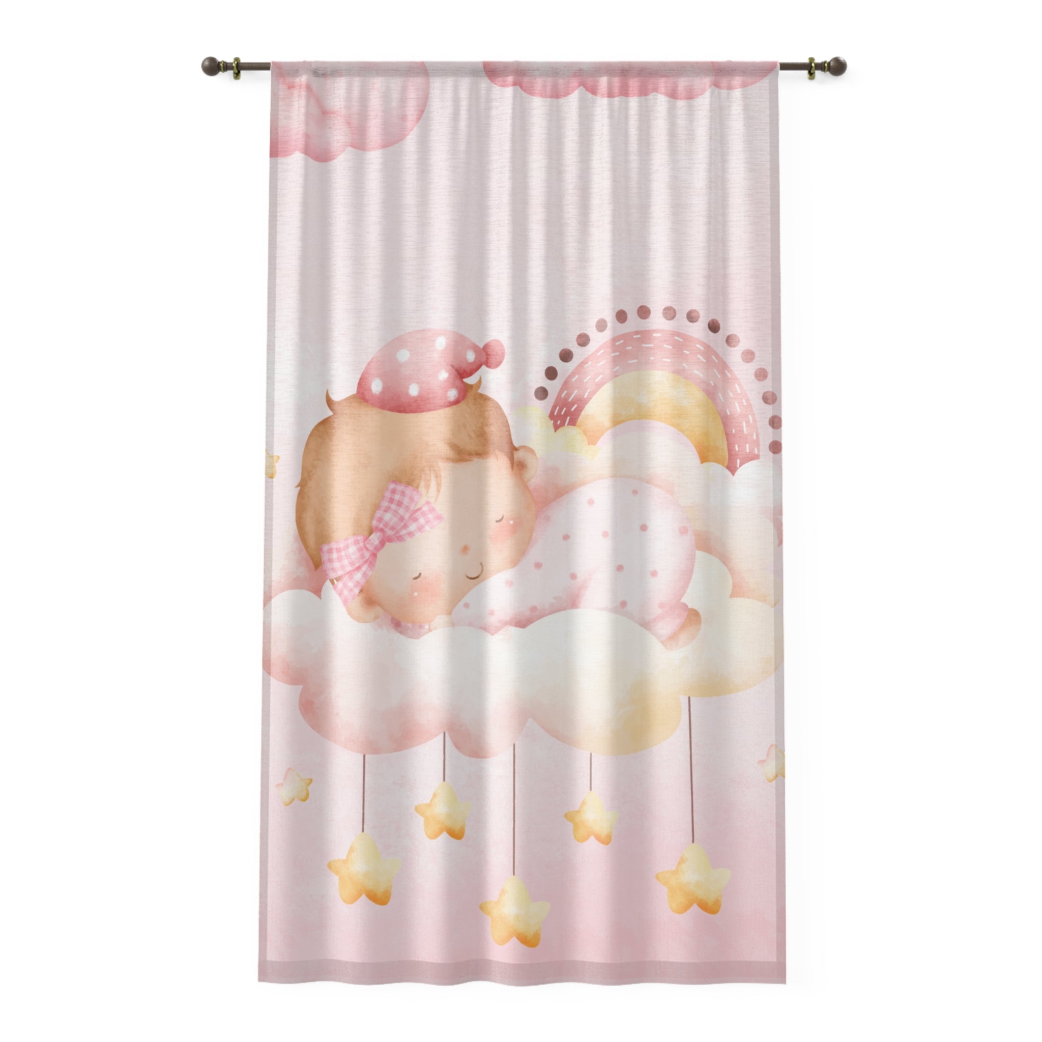 Baby Girl Window Curtain - Pink Sleeping Infant Cloud & Stars Nursery Curtain