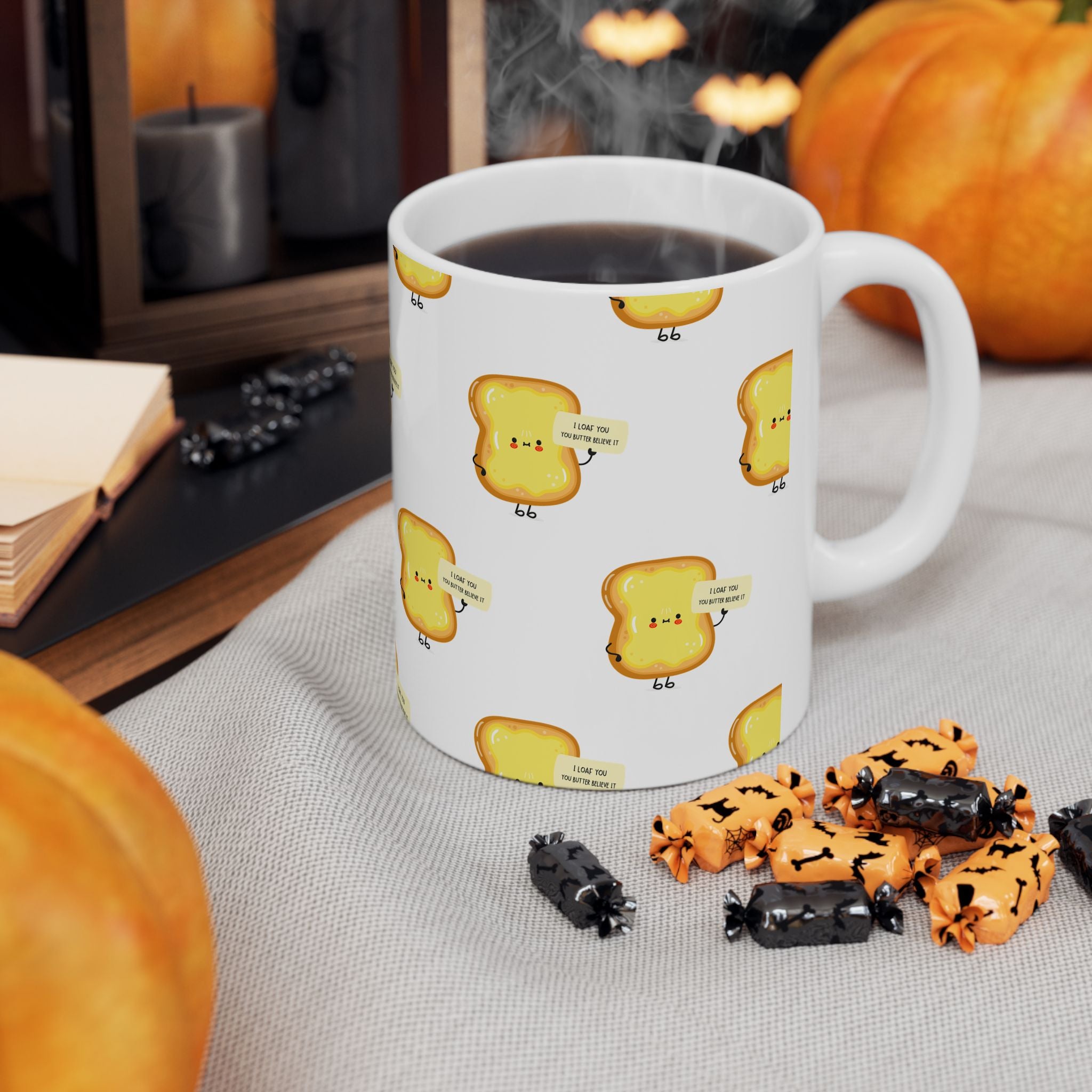 Toast Pattern Ceramic Mug – Cute Kawaii Toast with “I’m On A Bread Break” Quote (11oz/15oz)