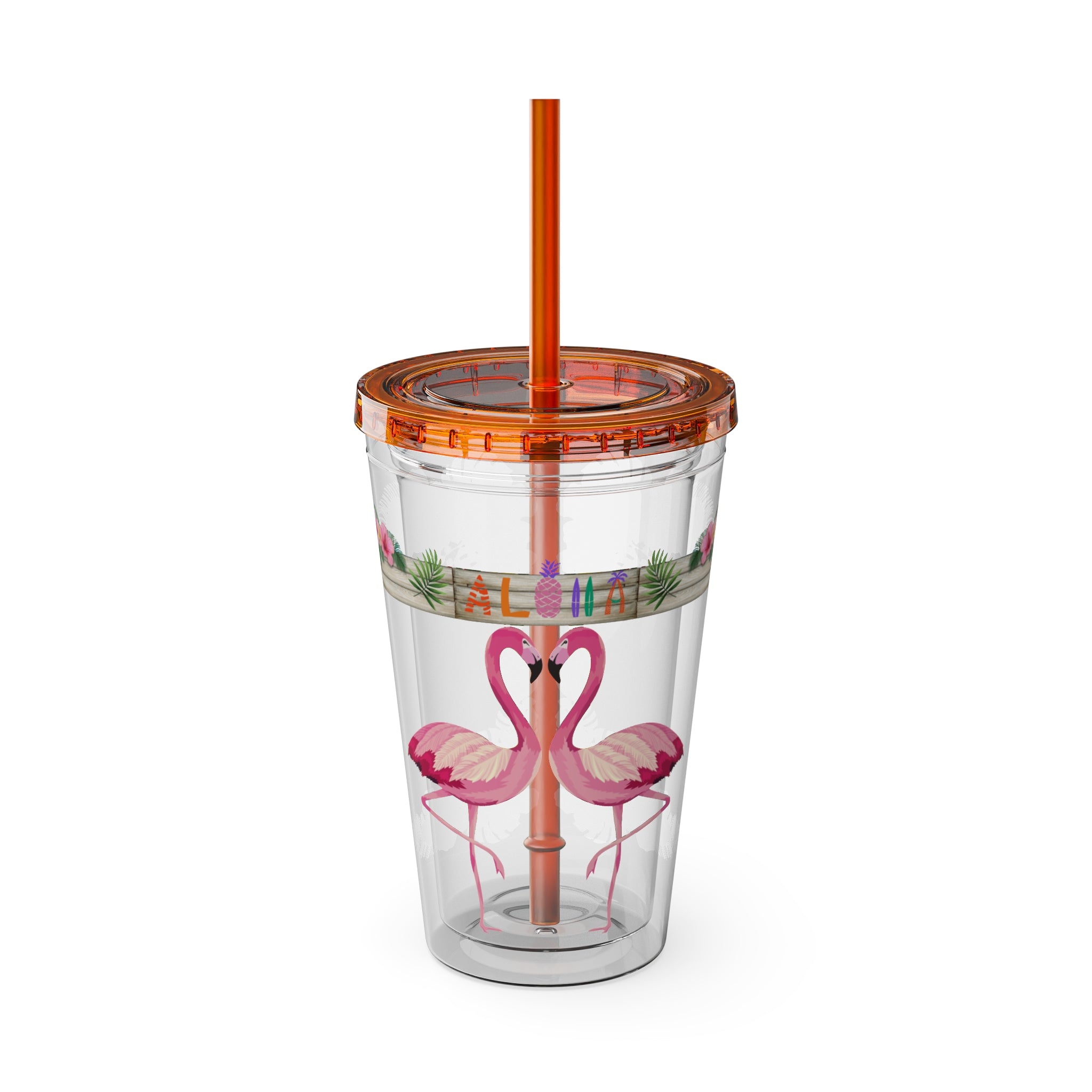 16oz Flamingo Aloha Tumbler with Straw — Tropical Sunsplash Drink Cup