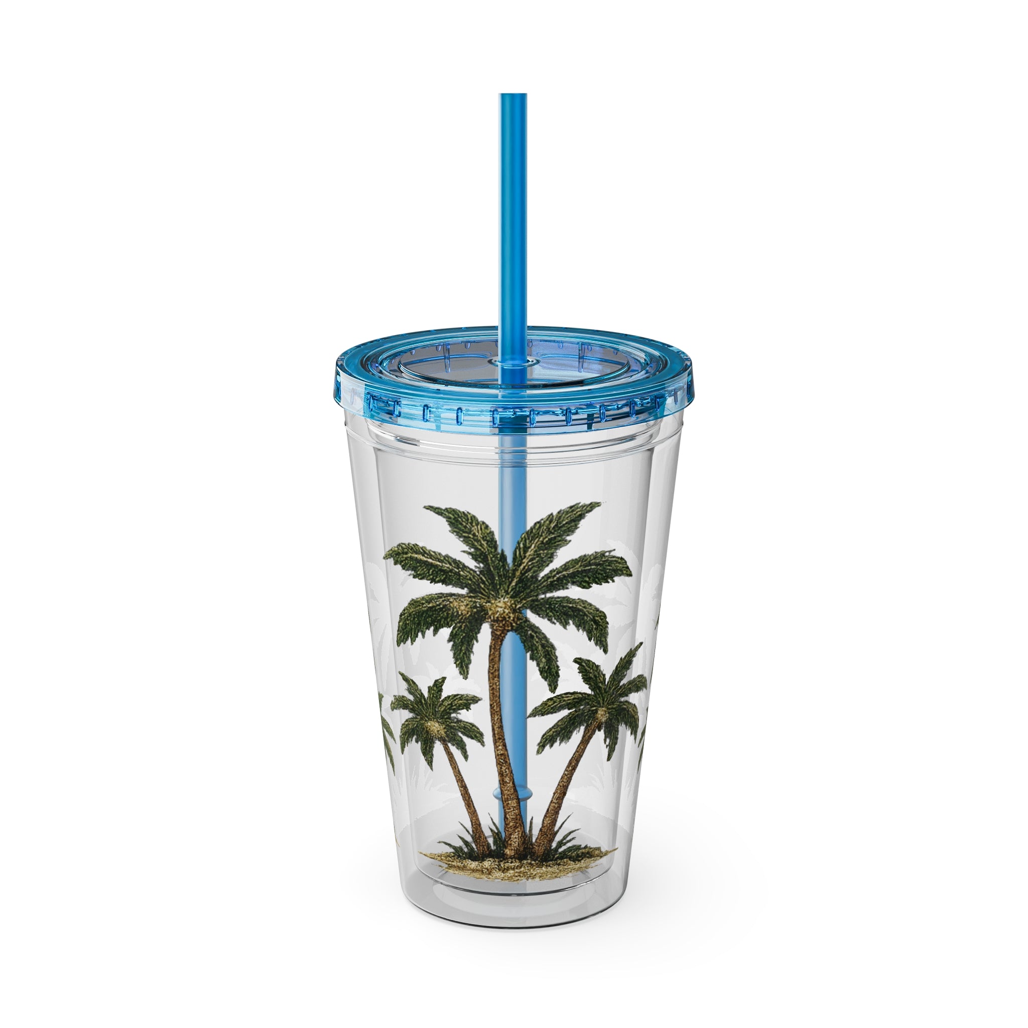 Palm Tree Tumbler — 16oz Clear Travel Cup with Straw, Tropical Sunsplash Design