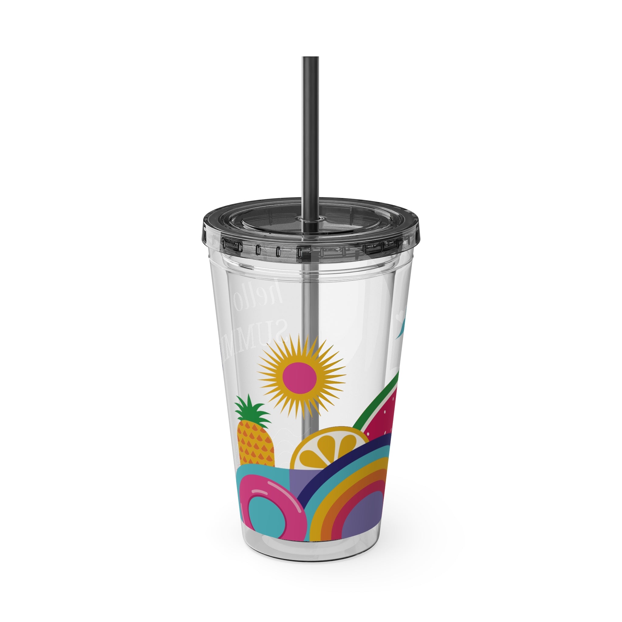 16oz Sunsplash Tumbler with Straw — "Hello Summer" Colorful Beach Vibes