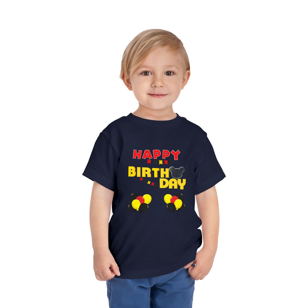 Toddler Tee — 'Happy Birthday' Balloon Party Shirt (Mickey-Style Colors)