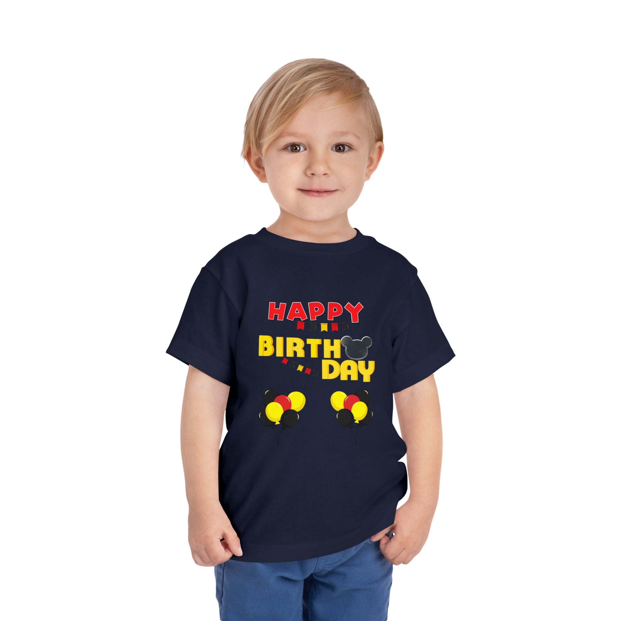 Toddler Tee — 'Happy Birthday' Balloon Party Shirt (Mickey-Style Colors)