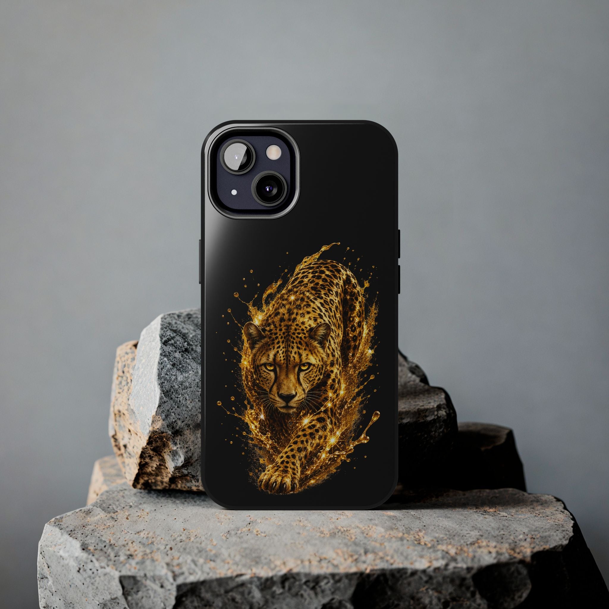 Golden Cheetah Tough Phone Case — Fierce Splash Design, Protective iPhone Cover