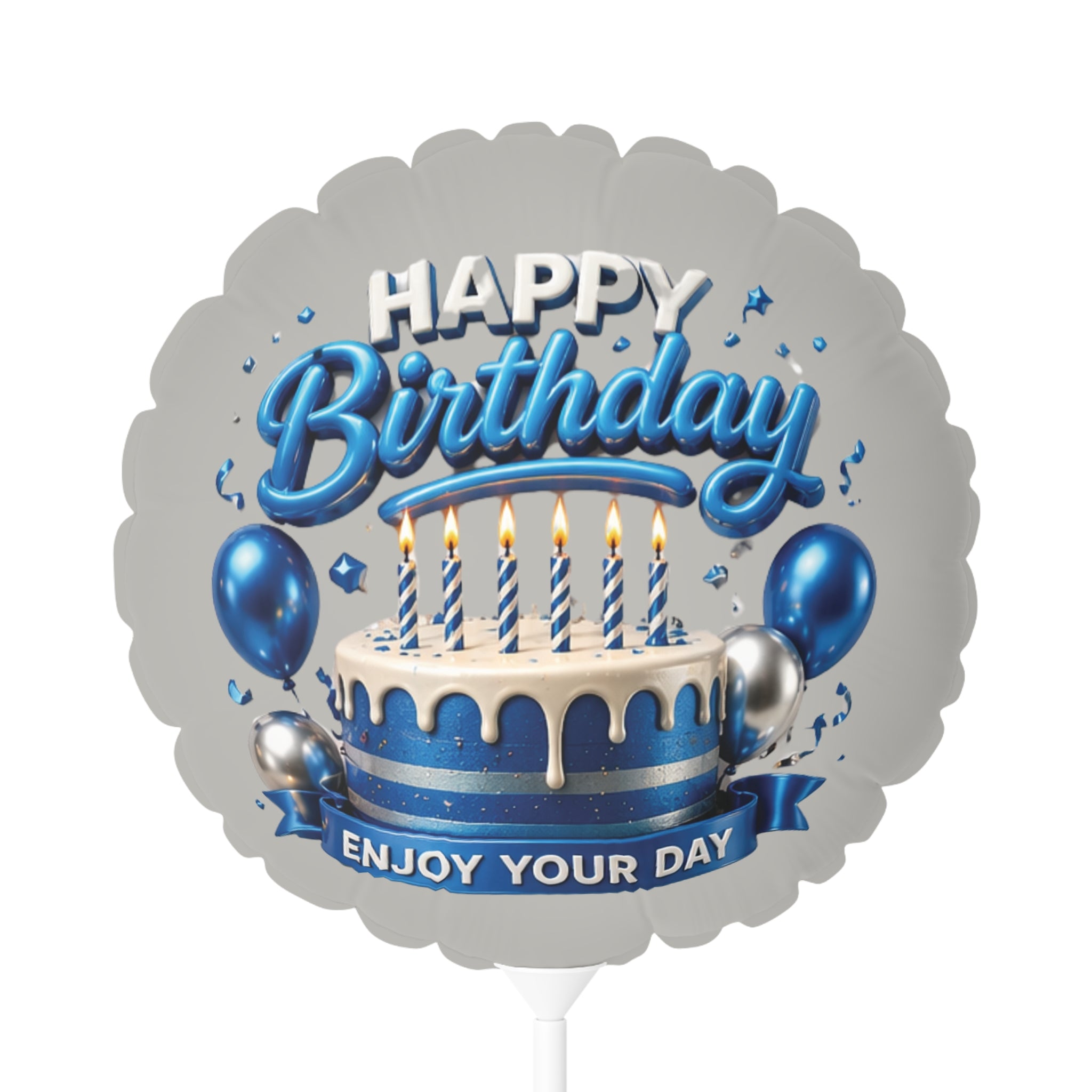 Happy Birthday 11" Round Balloon – Blue Cake & Candles "Enjoy Your Day"