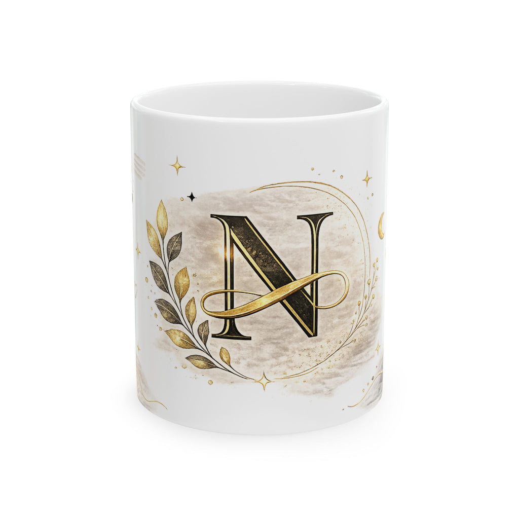 Monogram N Ceramic Mug — Gold Laurel Initial Coffee Cup