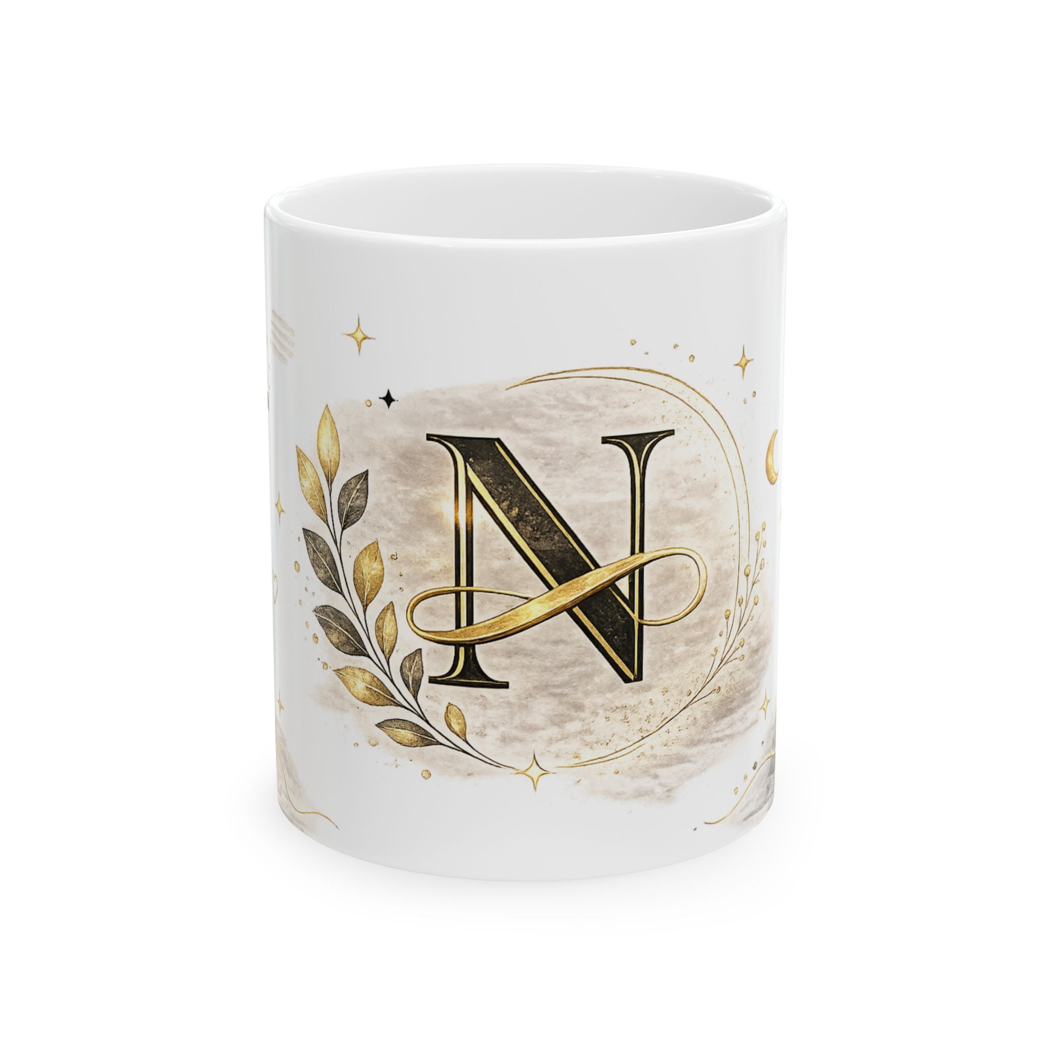Monogram N Ceramic Mug — Gold Laurel Initial Coffee Cup